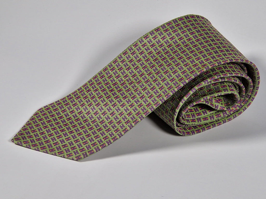 Hermès silk jaquard tie green purple H pattern 659075 T