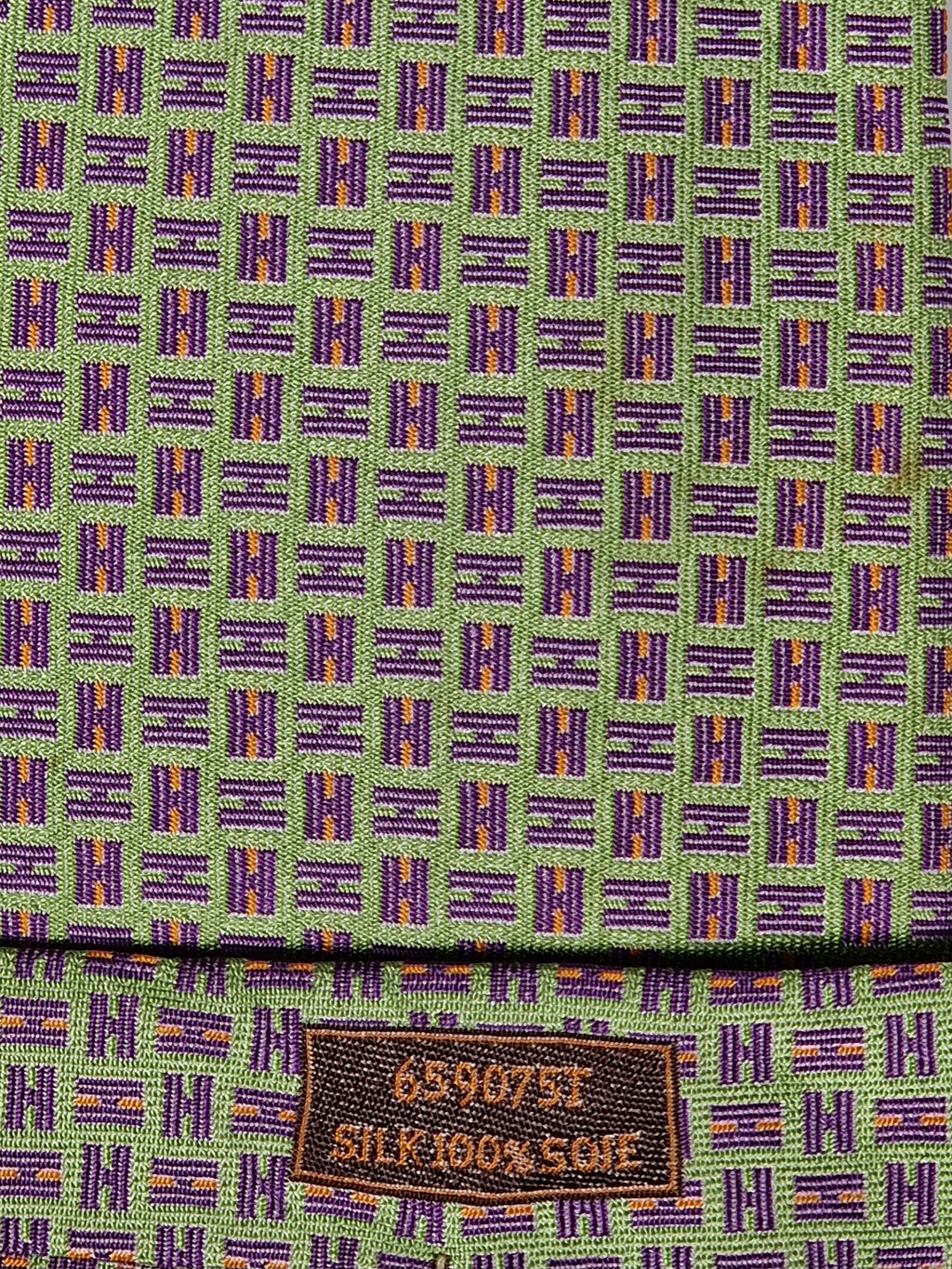 Hermès silk jaquard tie green purple H pattern 659075 T