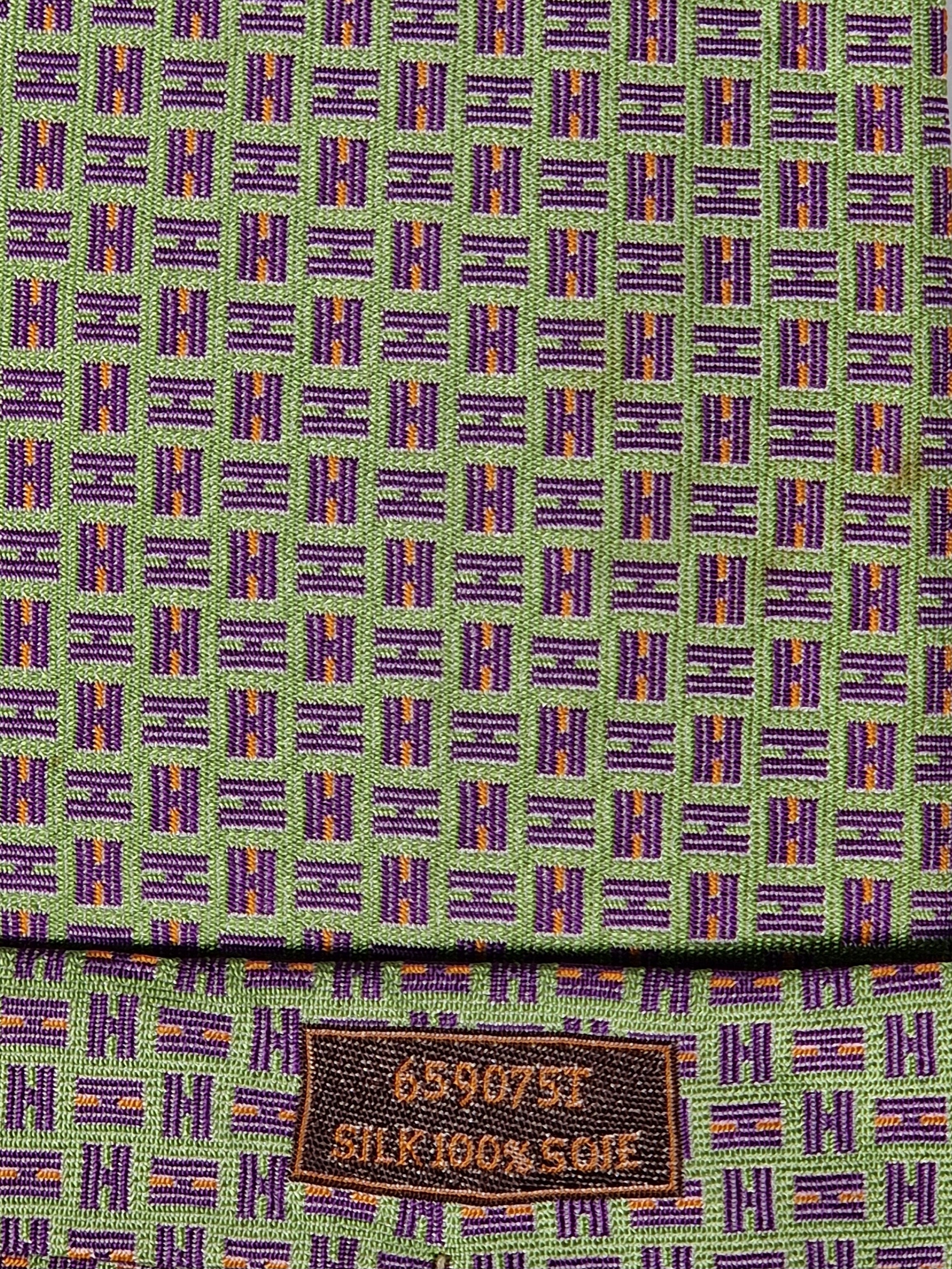 Hermès silk jaquard tie green purple H pattern 659075 T