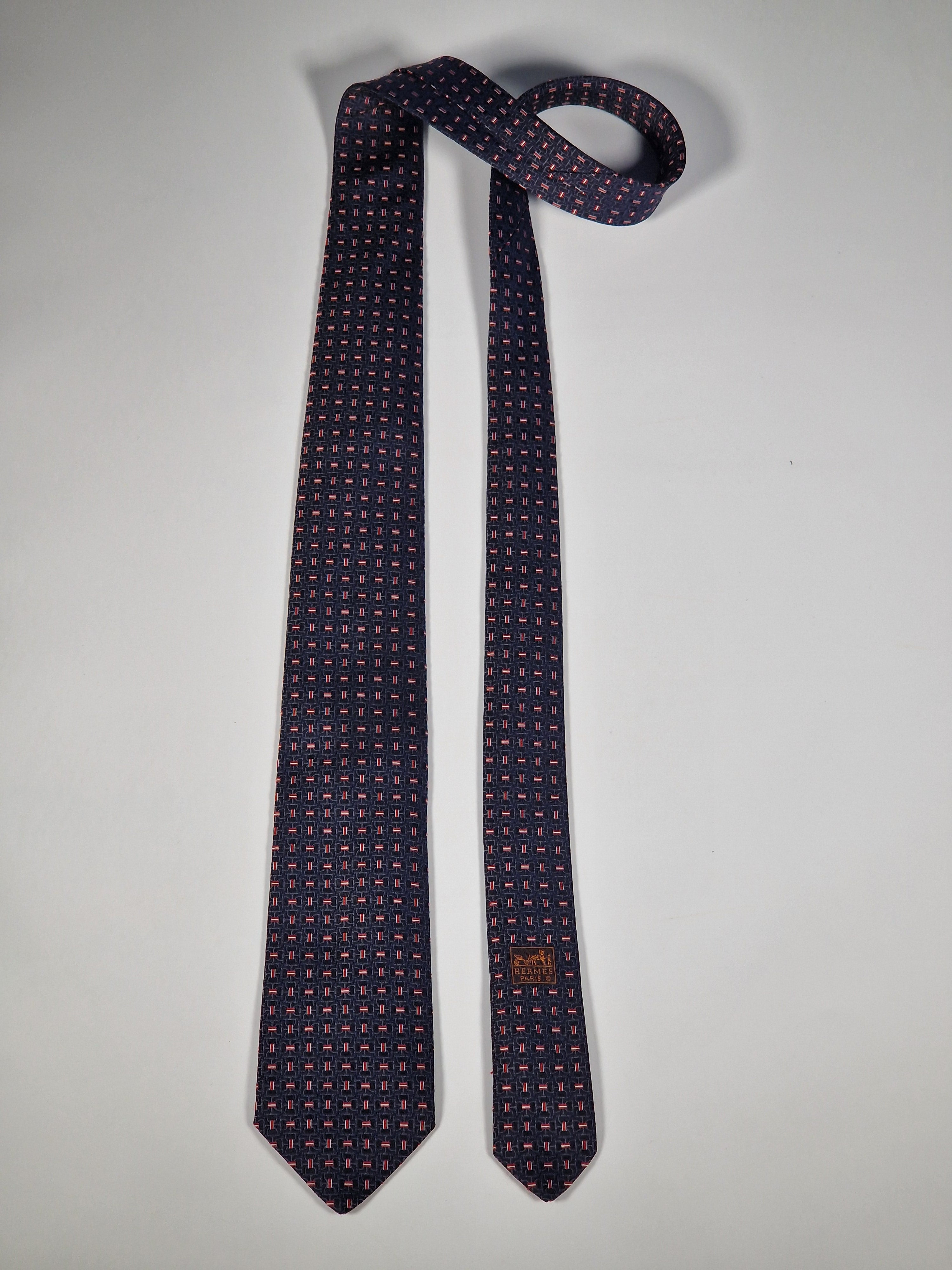 Hermès jacquard silk tie black equestrian pattern 659193 T