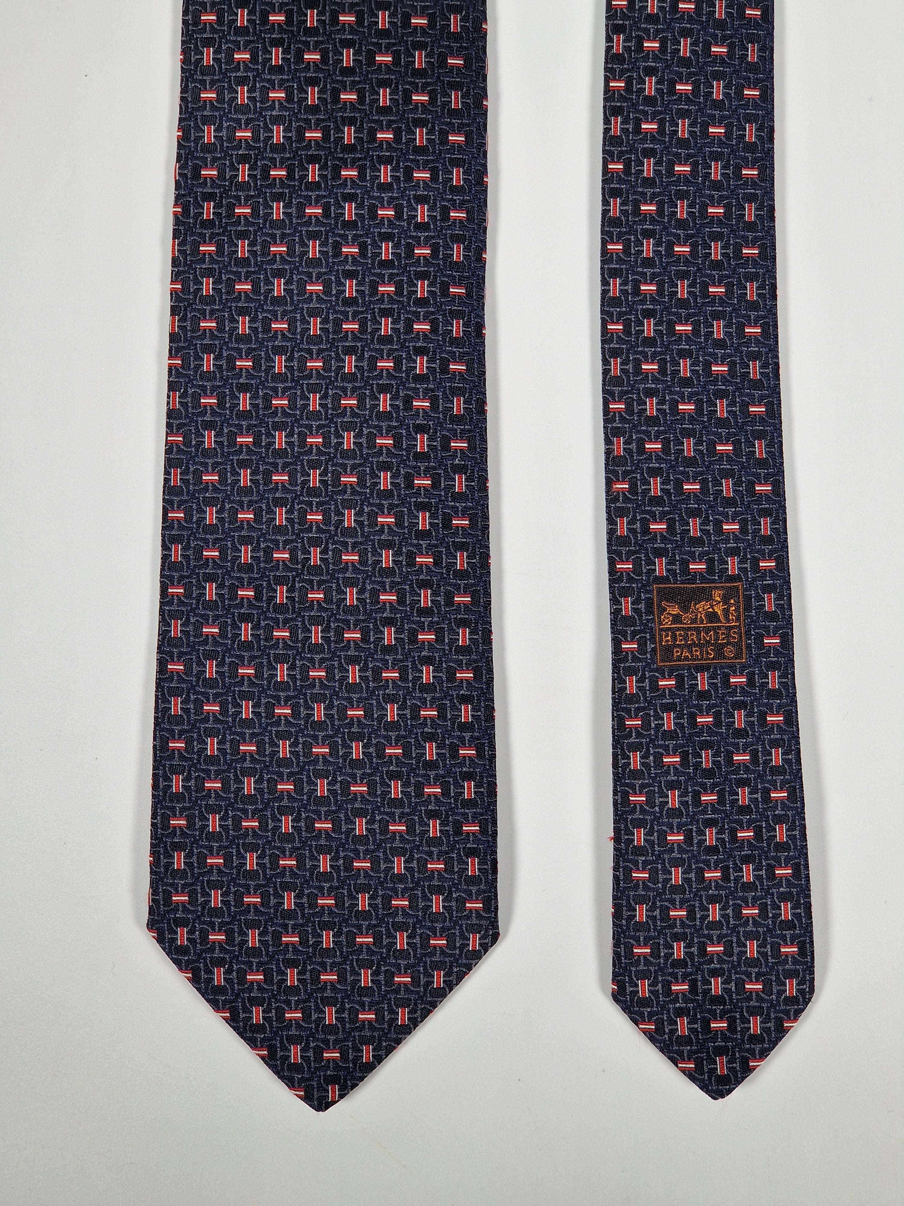 Hermès jacquard silk tie black equestrian pattern 659193 T