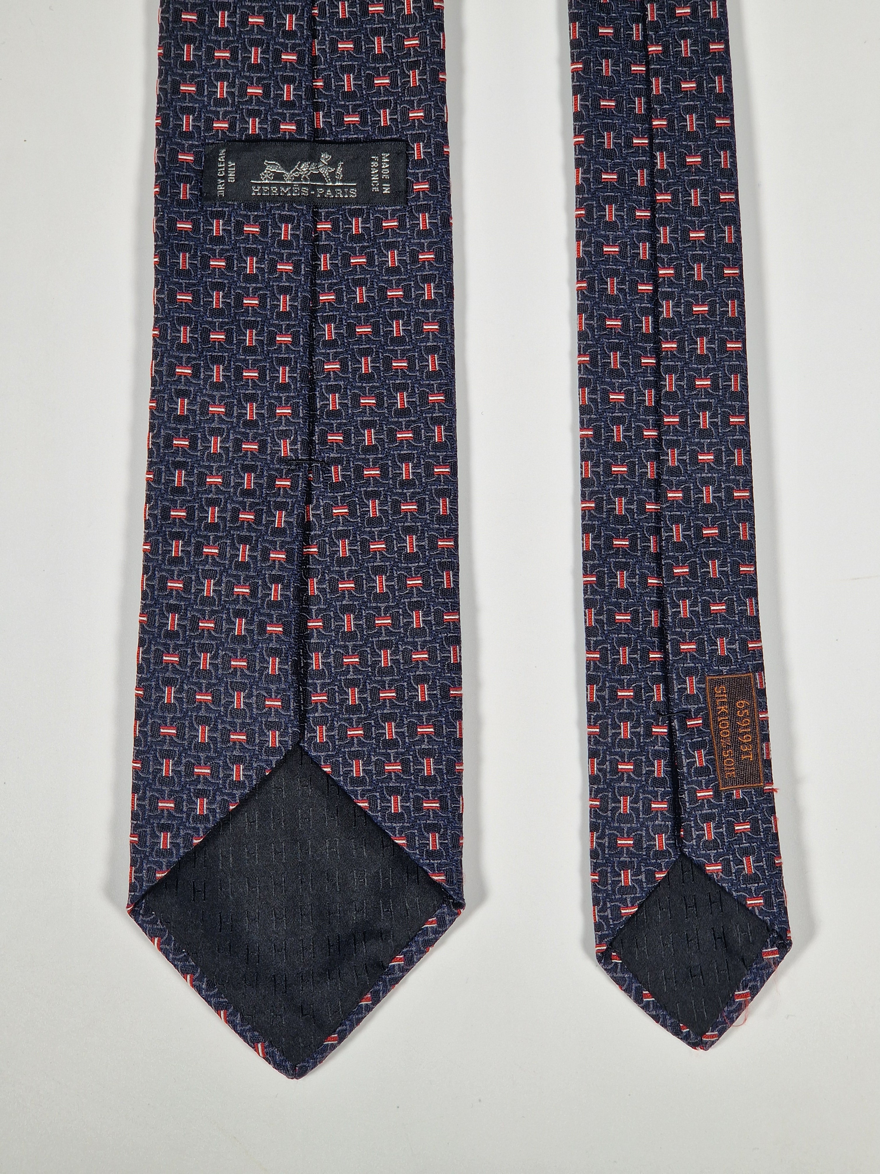 Hermès jacquard silk tie black equestrian pattern 659193 T
