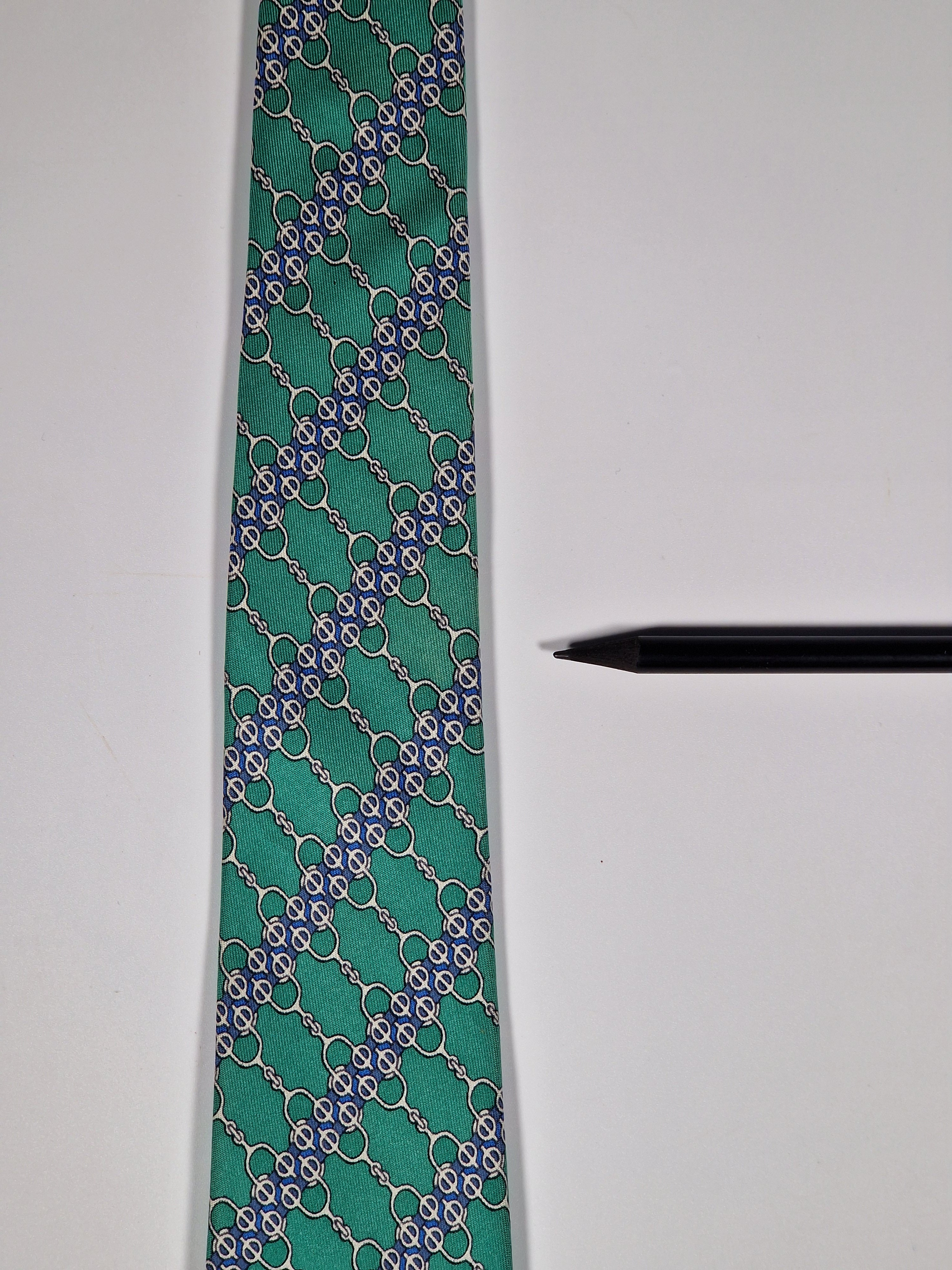 007077 Hermès silk tie green equestrian pattern 7077 OA
