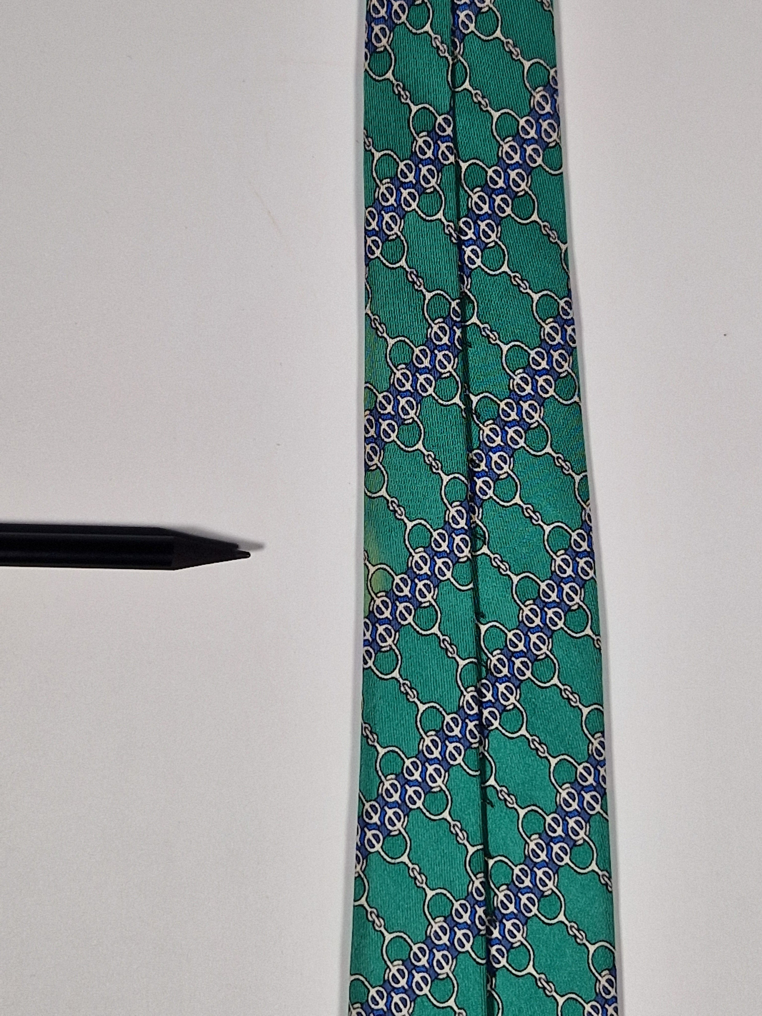 007077 Hermès silk tie green equestrian pattern 7077 OA
