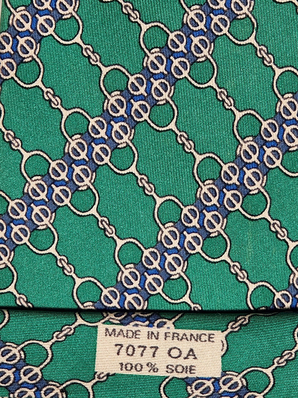 007077 Hermès silk tie green equestrian pattern 7077 OA