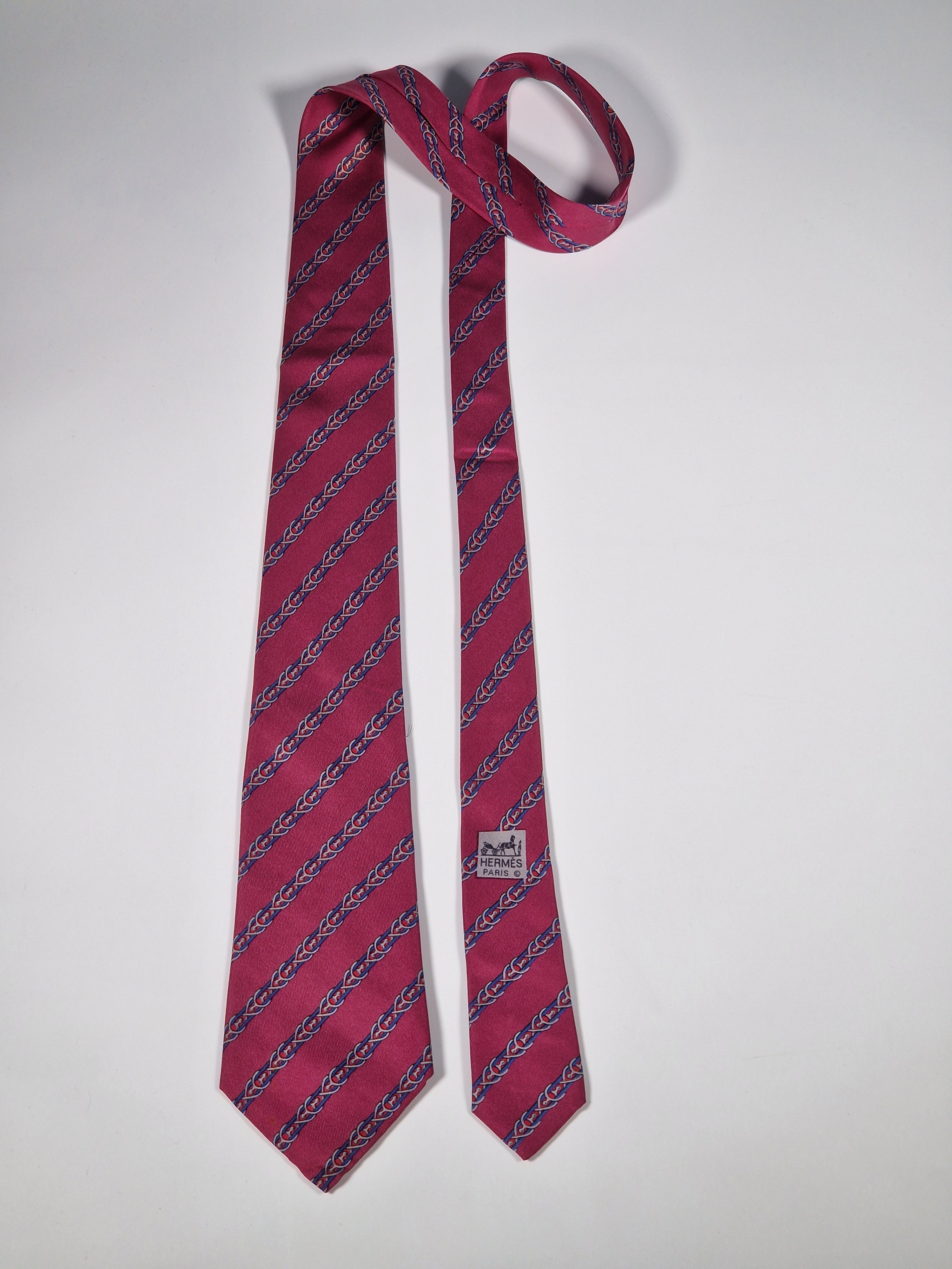 Hermès silk tie pink equeatrian pattern 7152 FA