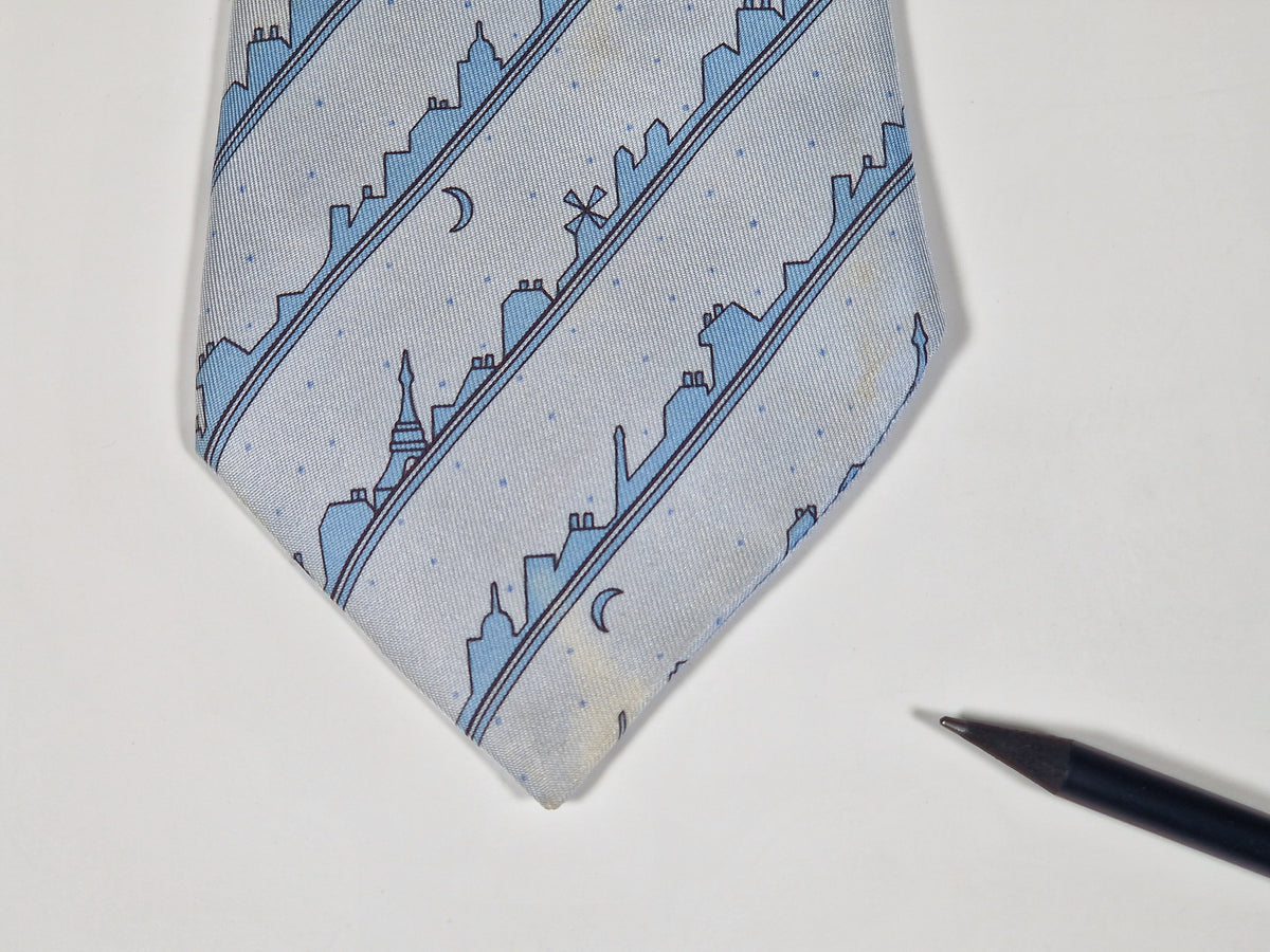 007163 Hermès tie blue Paris skyline 7163 FA