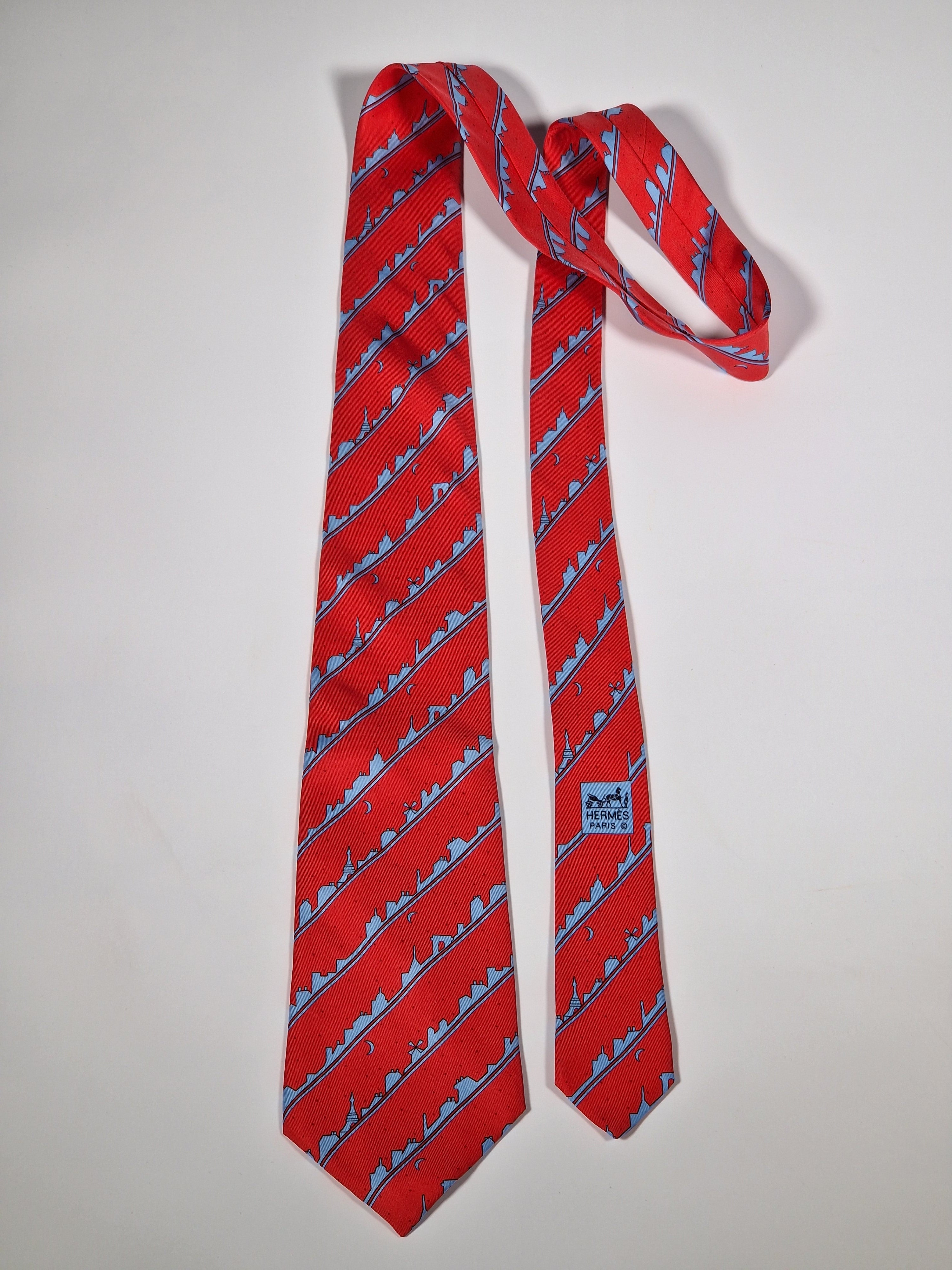 007163 Hermès tie red Paris skyline 7163 FA