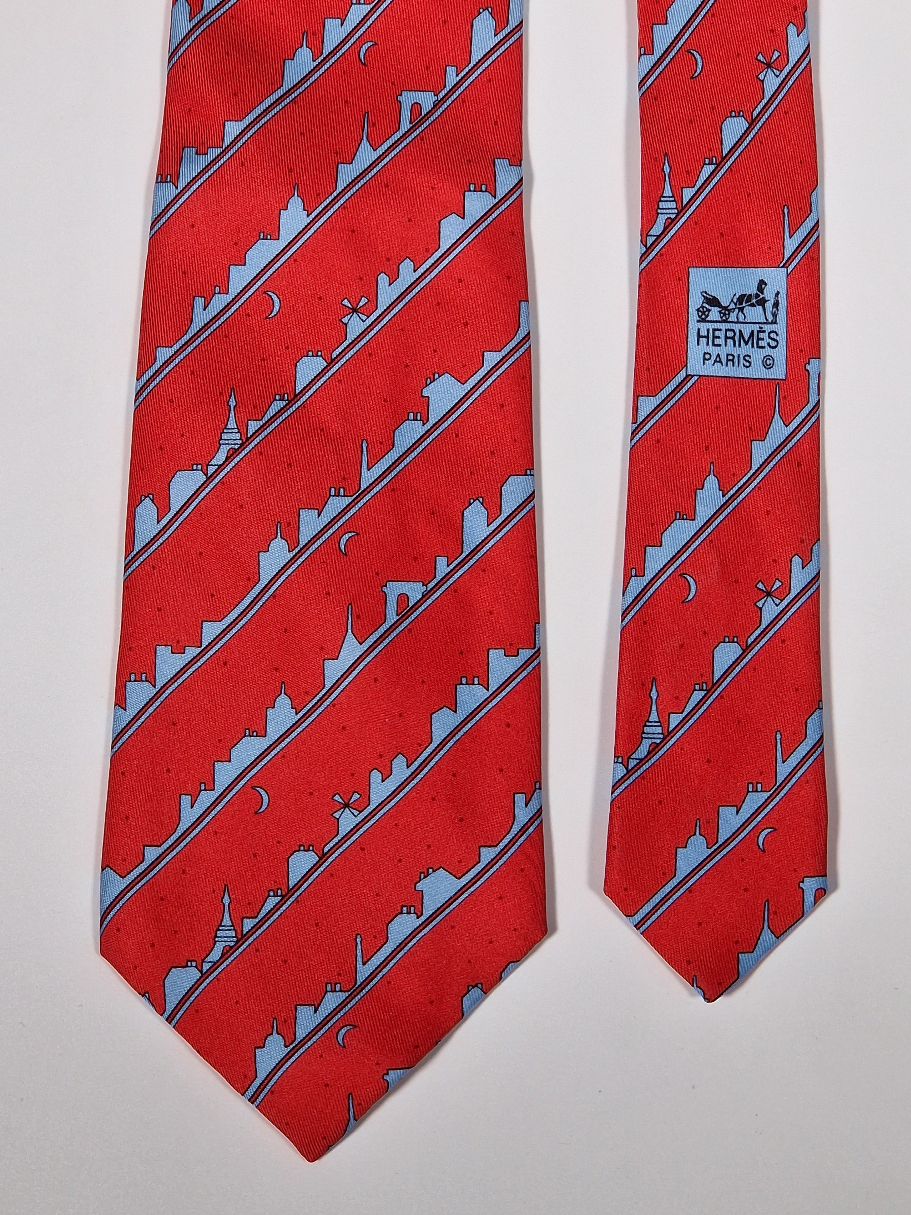 007163 Hermès tie red Paris skyline 7163 FA