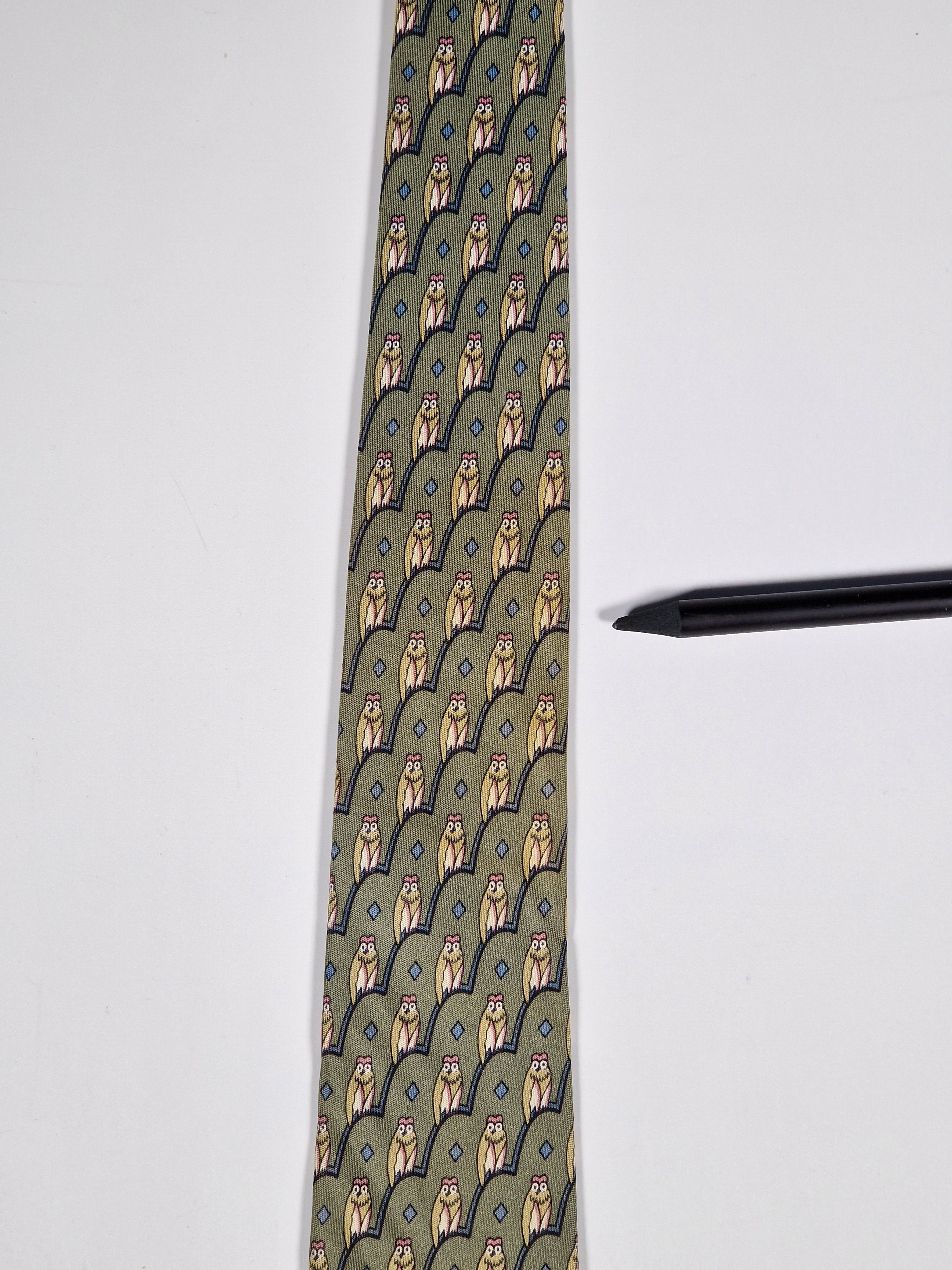 Hermès silk tie green owl pattern 7167 FA