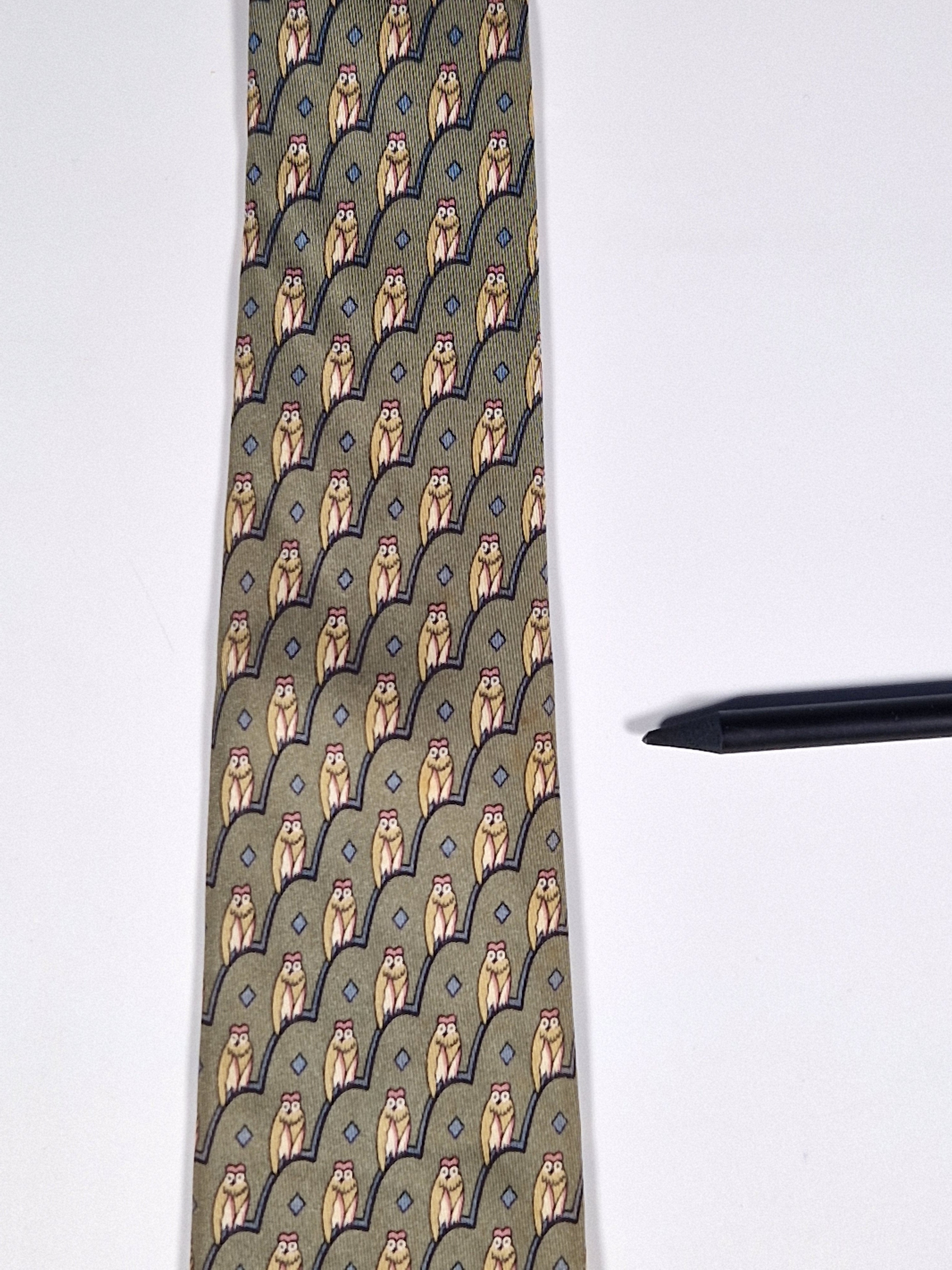 Hermès silk tie green owl pattern 7167 FA