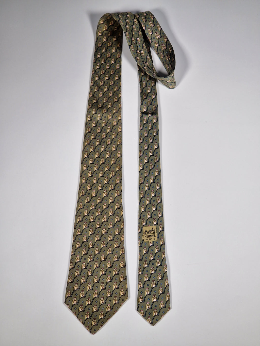 Hermès silk tie green owl pattern 7167 FA