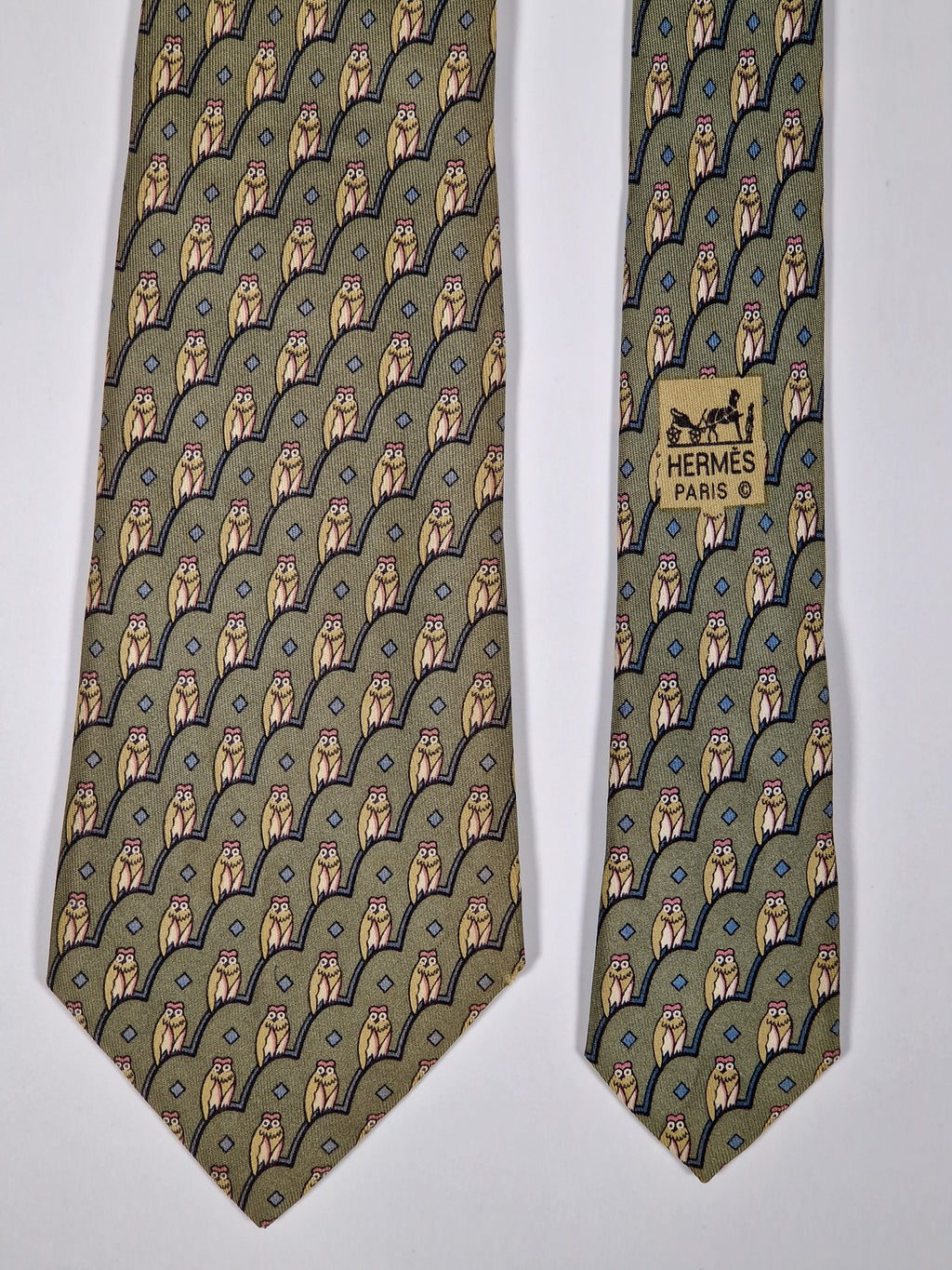 Hermès silk tie green owl pattern 7167 FA