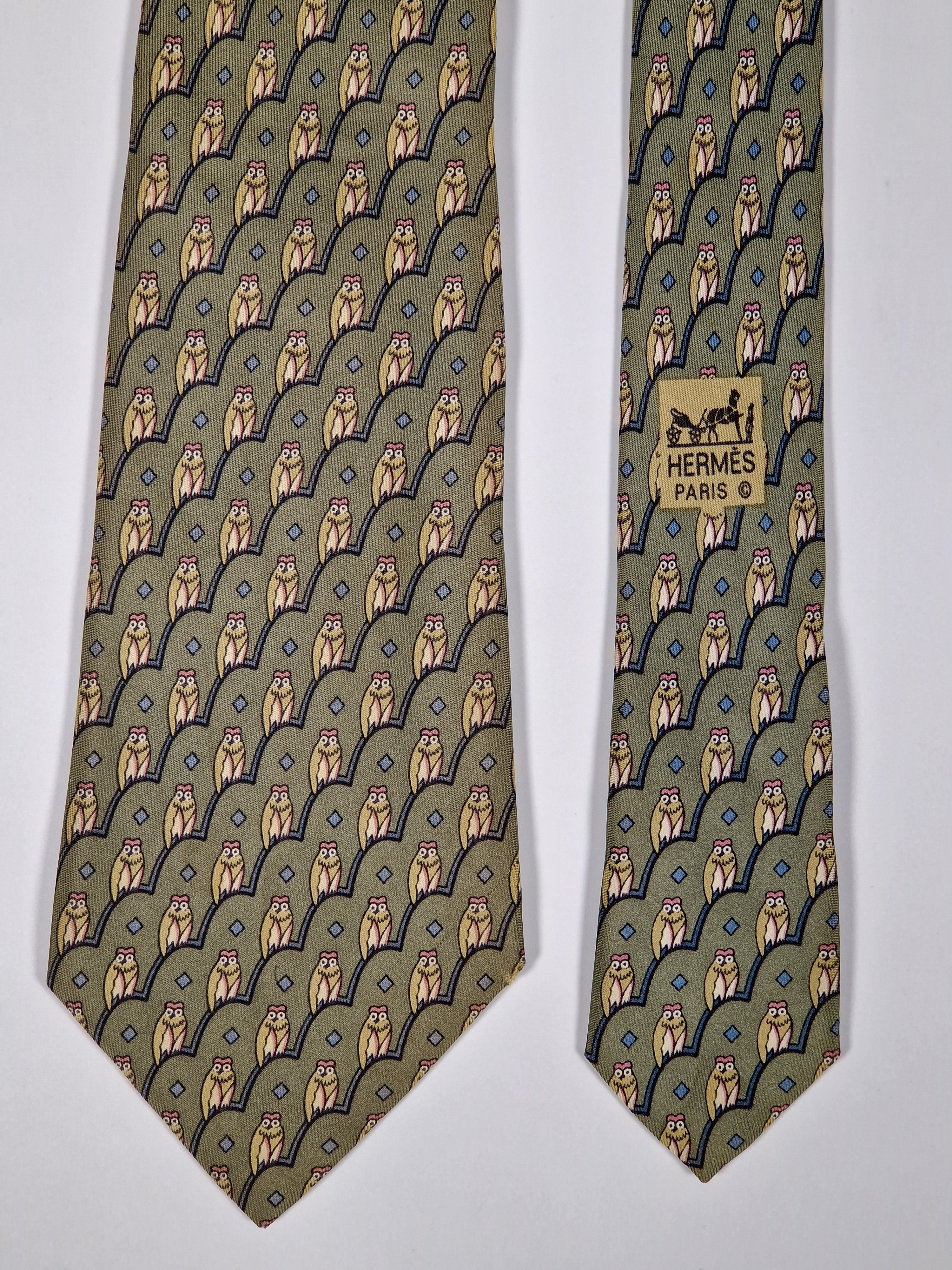 Hermès silk tie green owl pattern 7167 FA