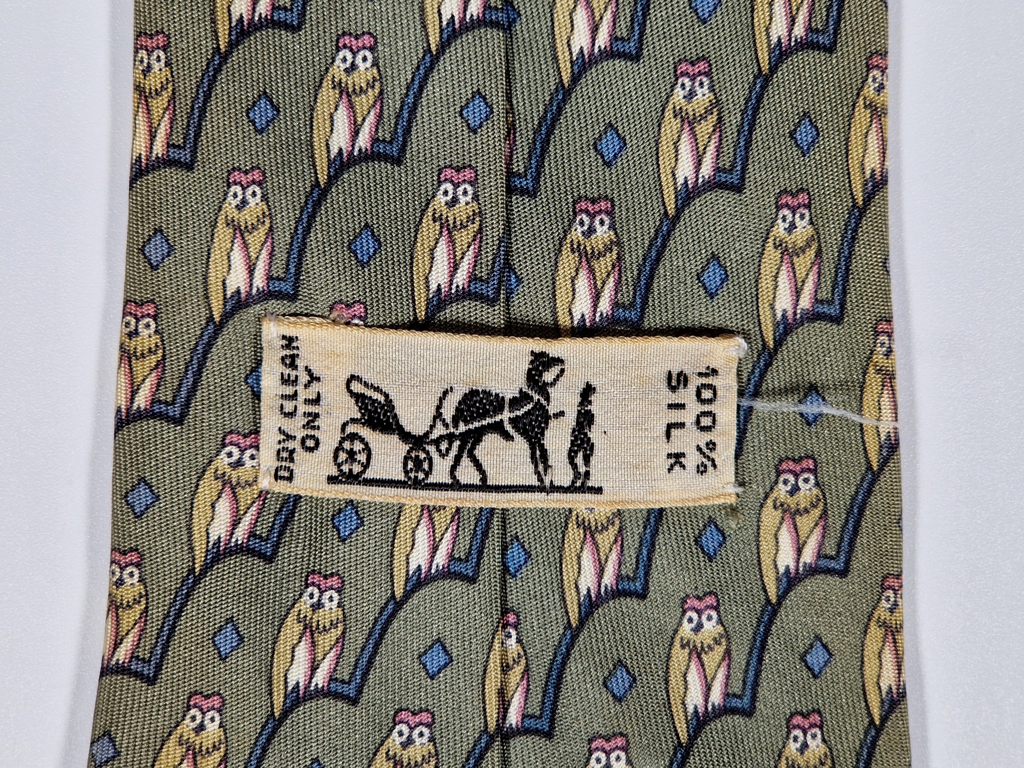 Hermès silk tie green owl pattern 7167 FA