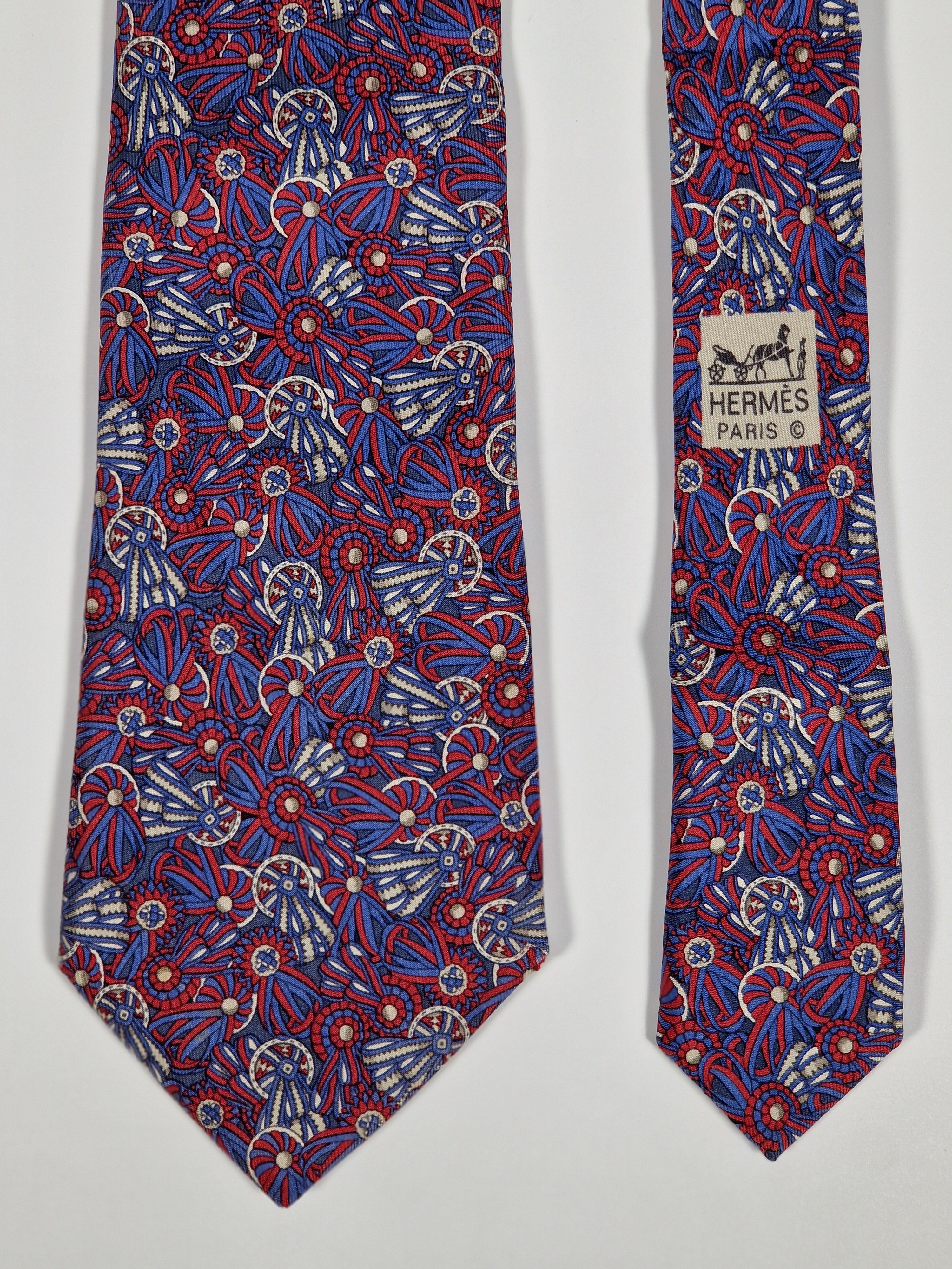 Hermés silk tie, purple and blue rosettes 7170 FA