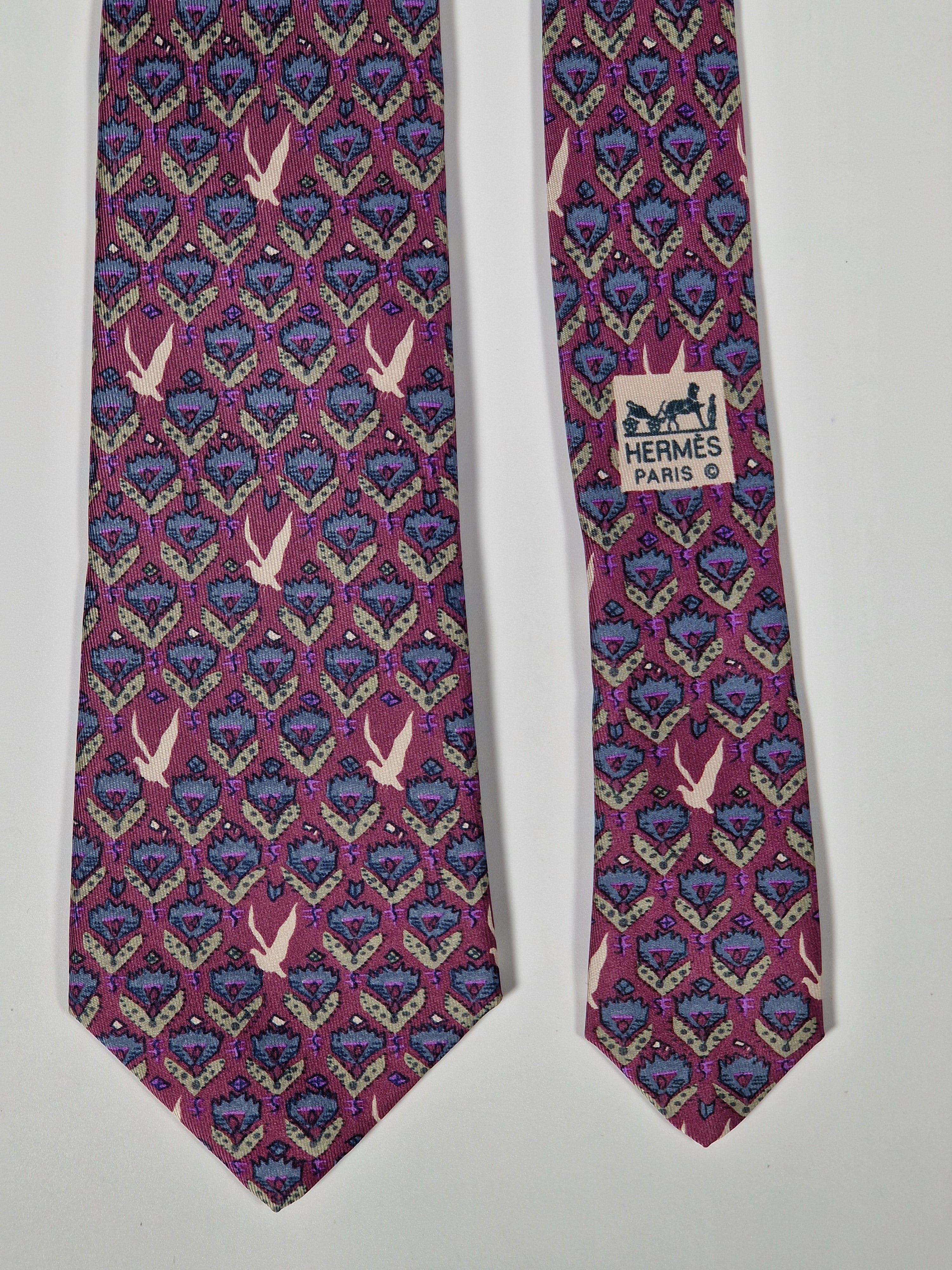 Hermès silk tie purple birds an flower pattern 7184 UA