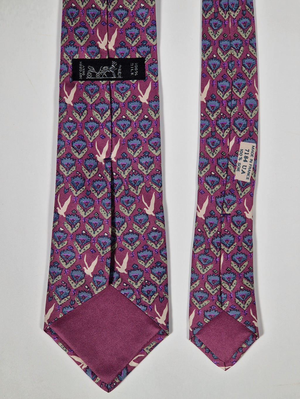 Hermès silk tie purple birds an flower pattern 7184 UA