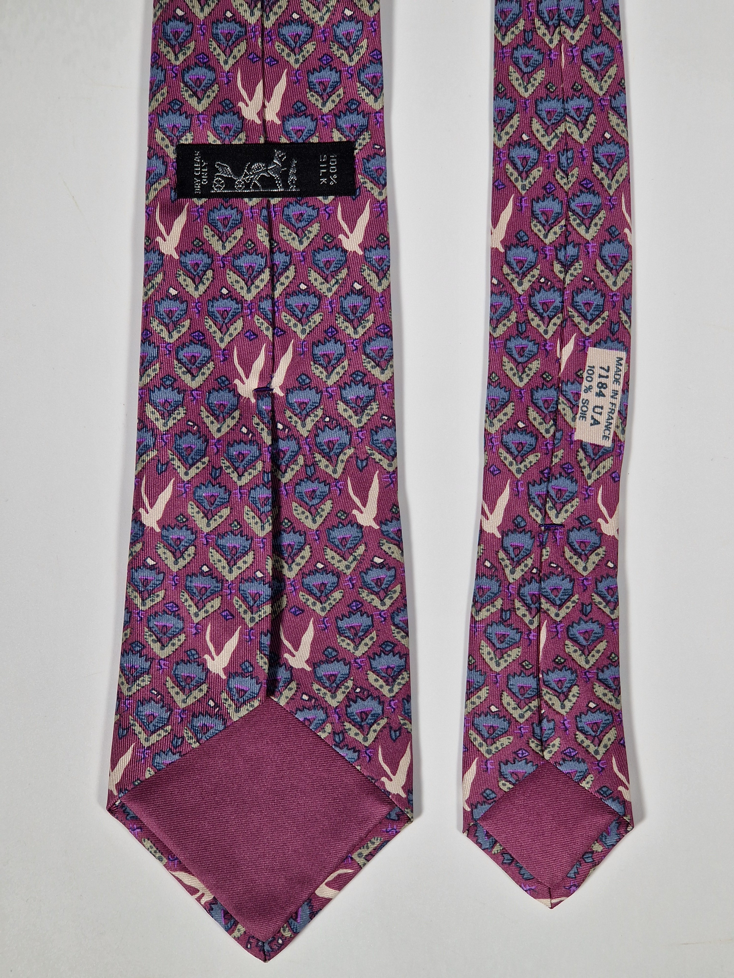 Hermès silk tie purple birds an flower pattern 7184 UA