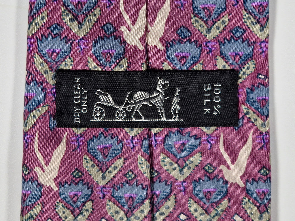 Hermès silk tie purple birds an flower pattern 7184 UA