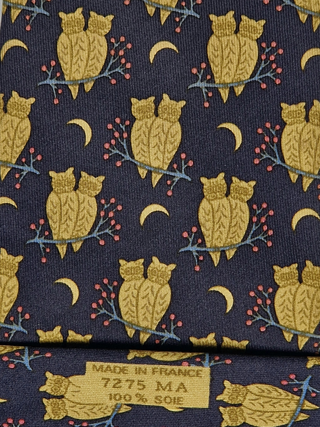 Hermès silk tie grey owl whimsical pattern 7275 MA