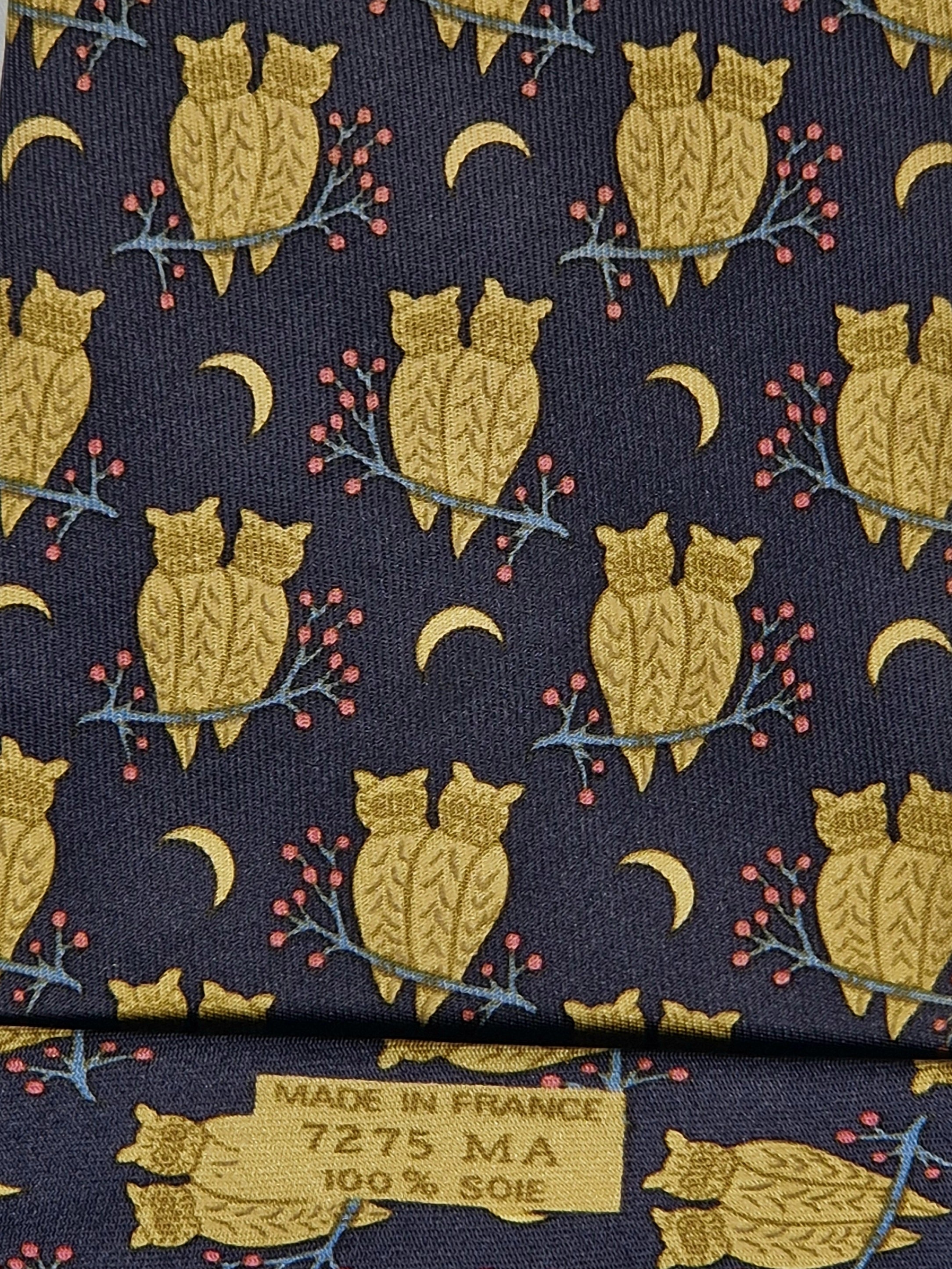 Hermès silk tie grey owl whimsical pattern 7275 MA