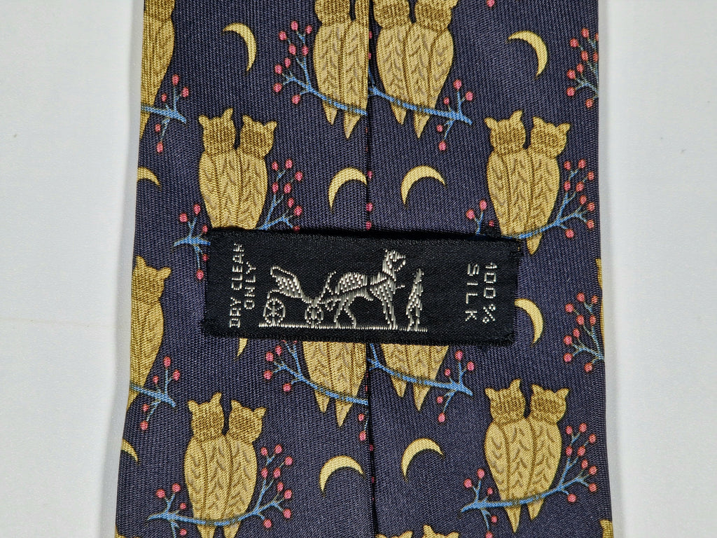 Hermès silk tie grey owl whimsical pattern 7275 MA