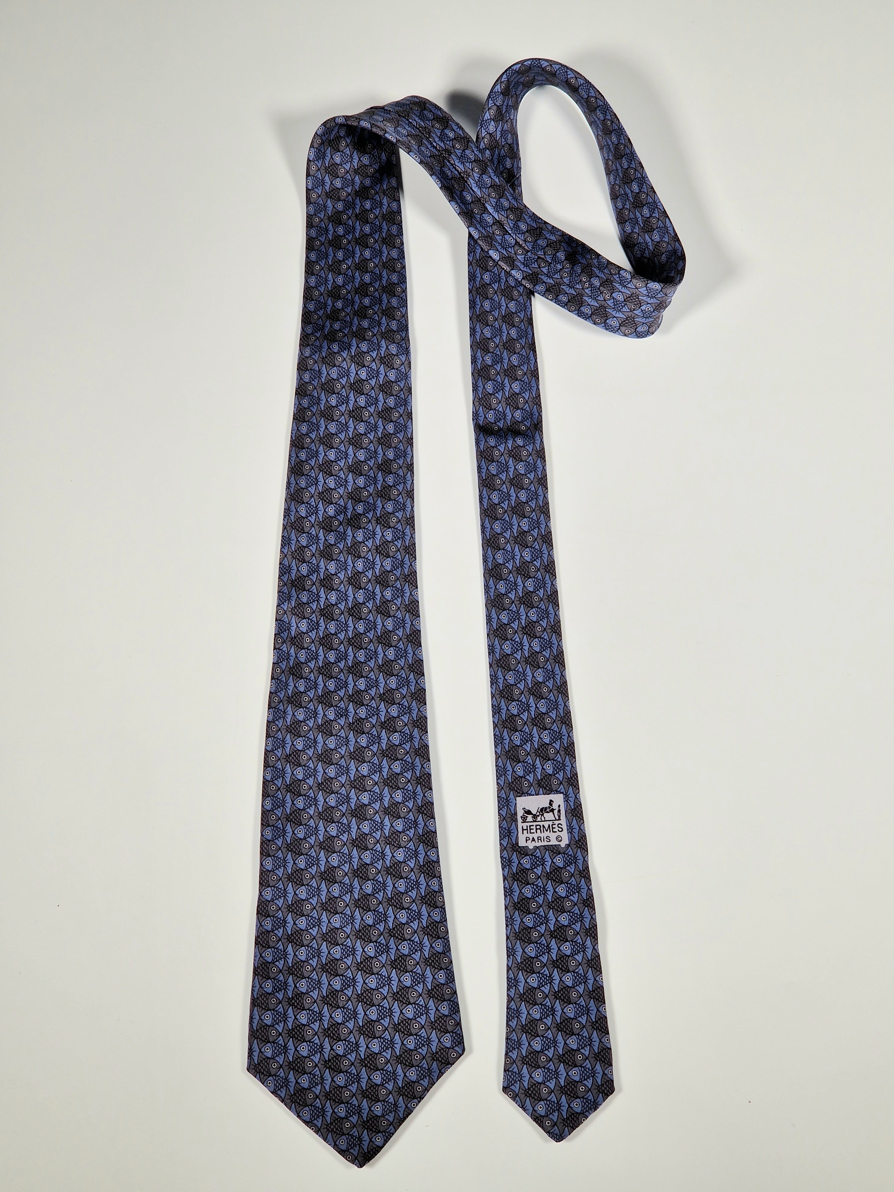 Hermès silk tie blue whimsical fishes 7322 EA