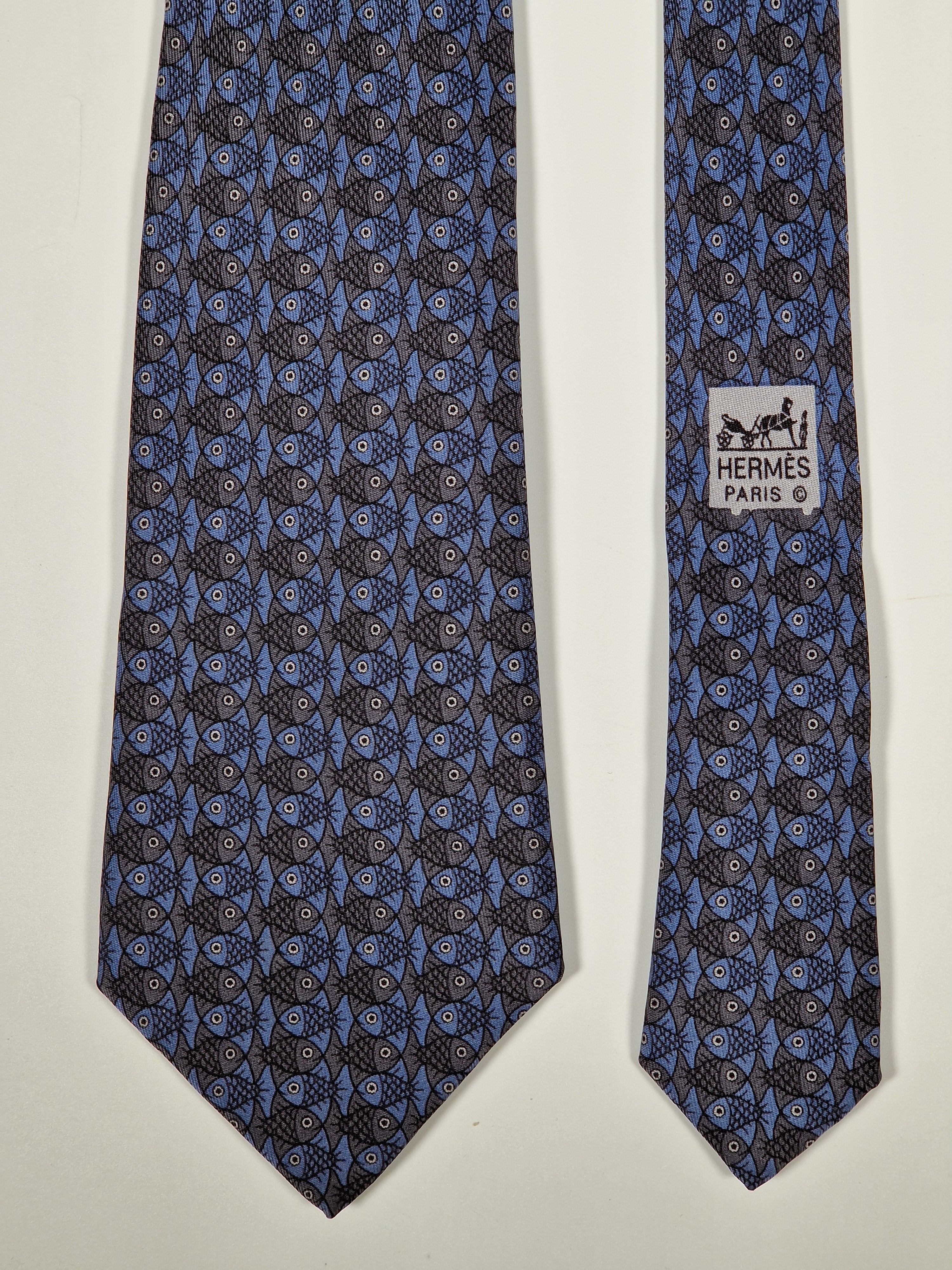 Hermès silk tie blue whimsical fishes 7322 EA