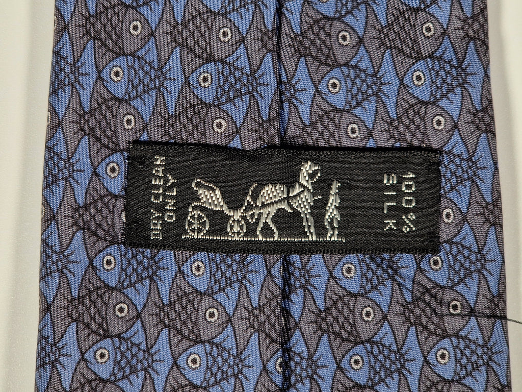 Hermès silk tie blue whimsical fishes 7322 EA