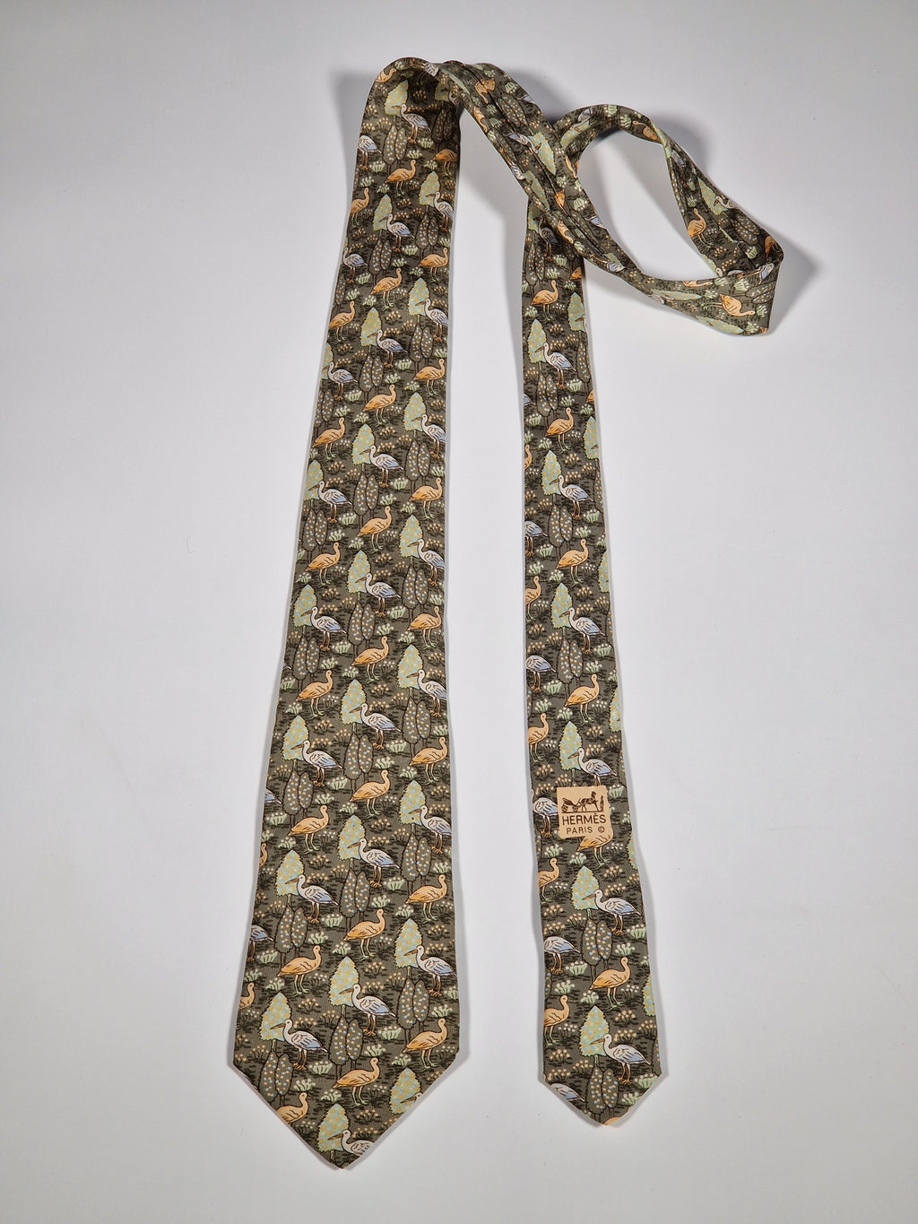 007361 Hermès silk tie green birds pattern 7361 PA