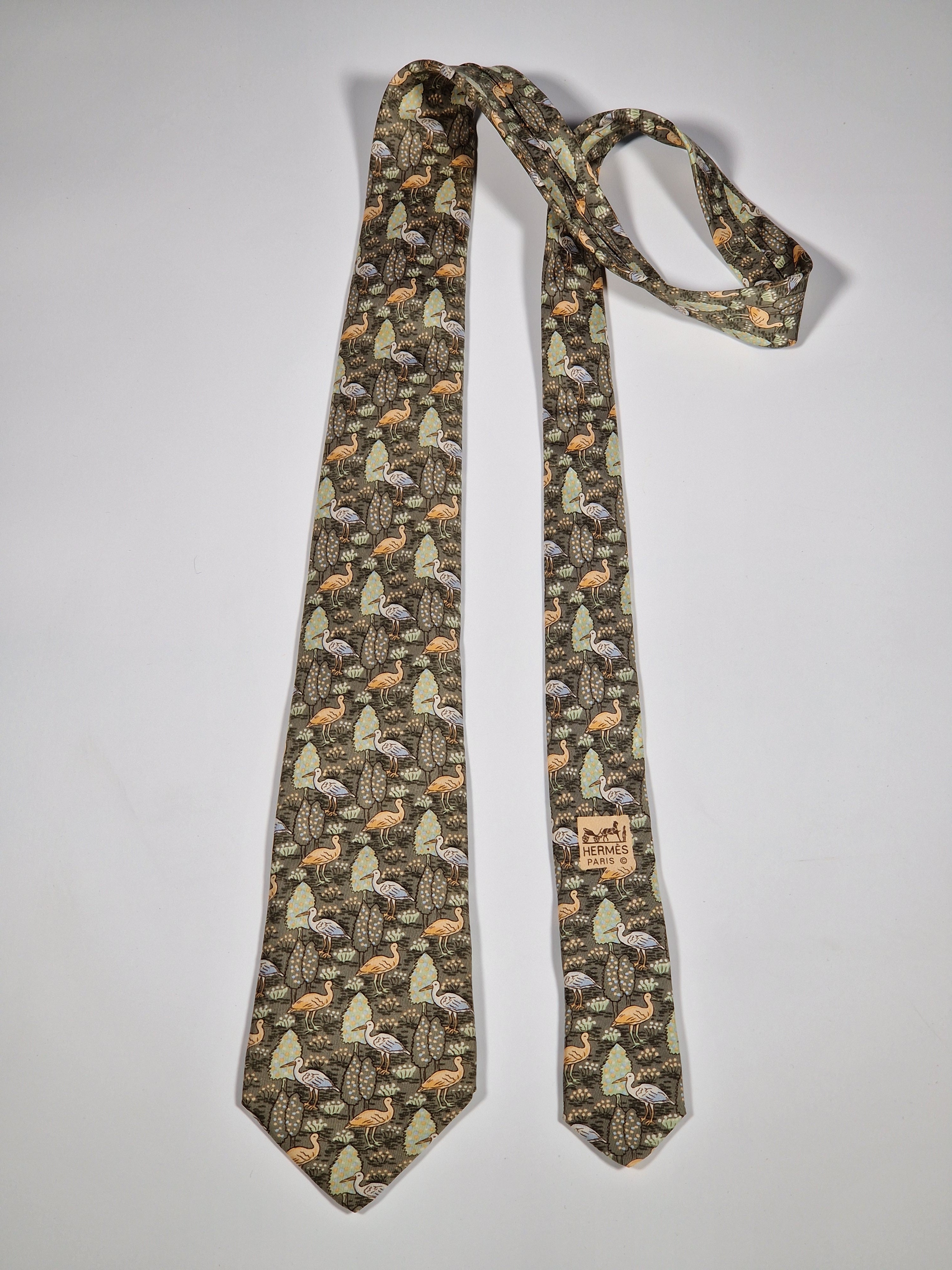 007361 Hermès silk tie green birds pattern 7361 PA