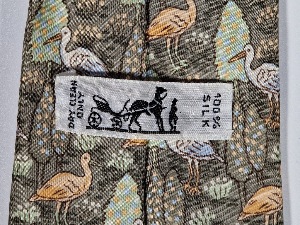 007361 Hermès silk tie green birds pattern 7361 PA
