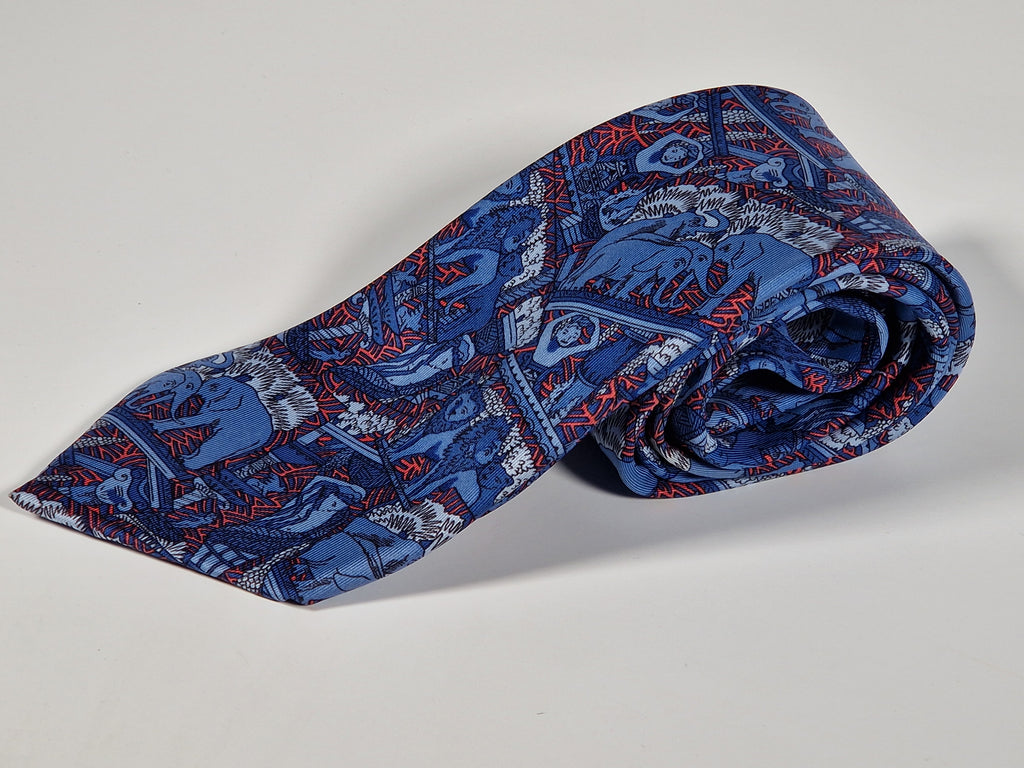 Hermès silk tie blue african tema Lion elephant 7374 PA
