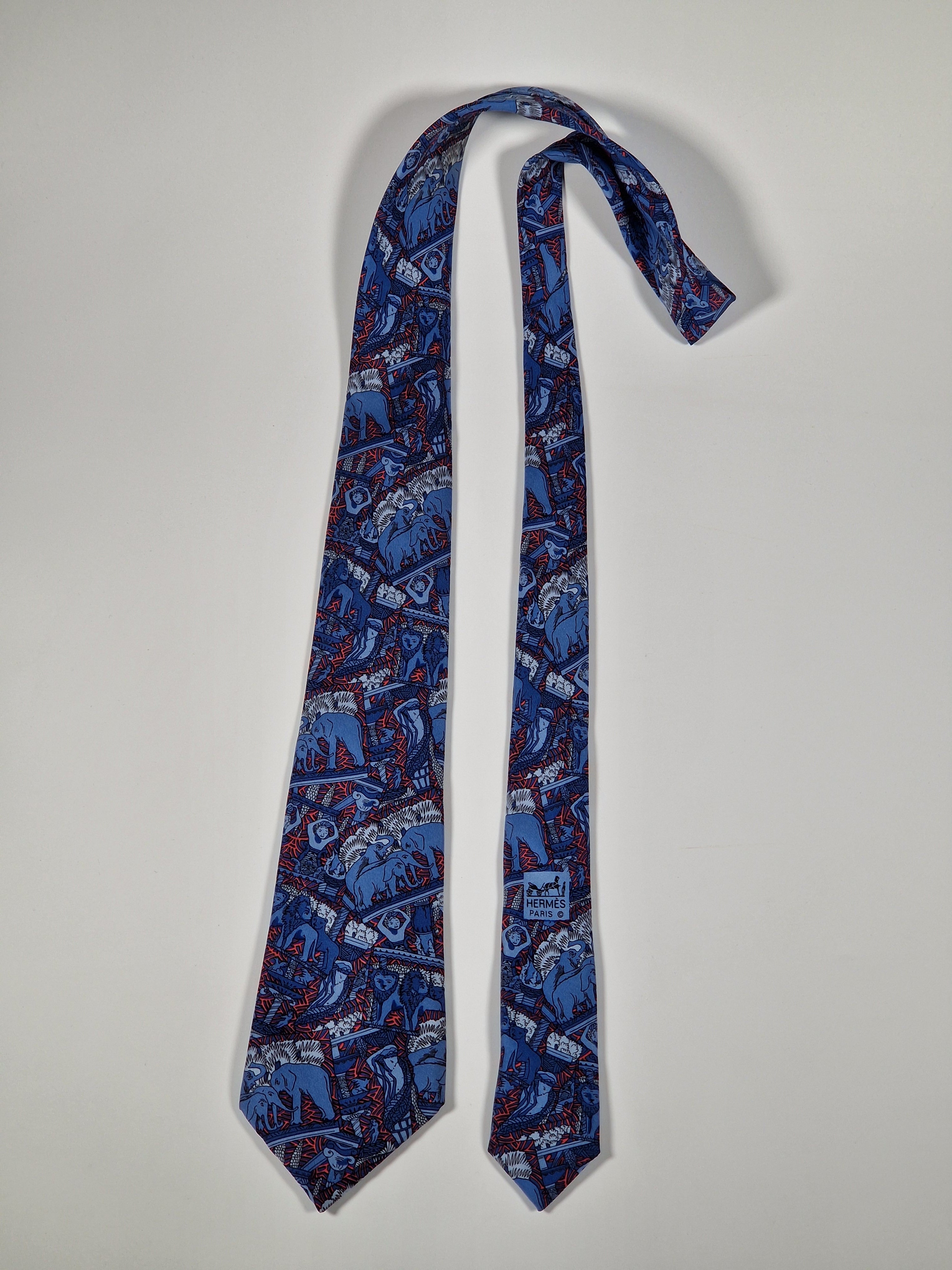 Hermès silk tie blue african tema Lion elephant 7374 PA