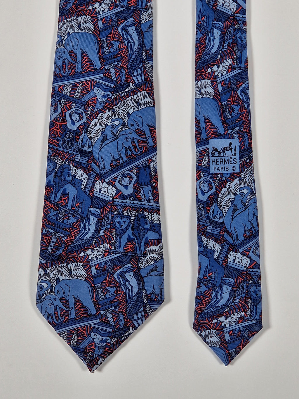 Hermès silk tie blue african tema Lion elephant 7374 PA