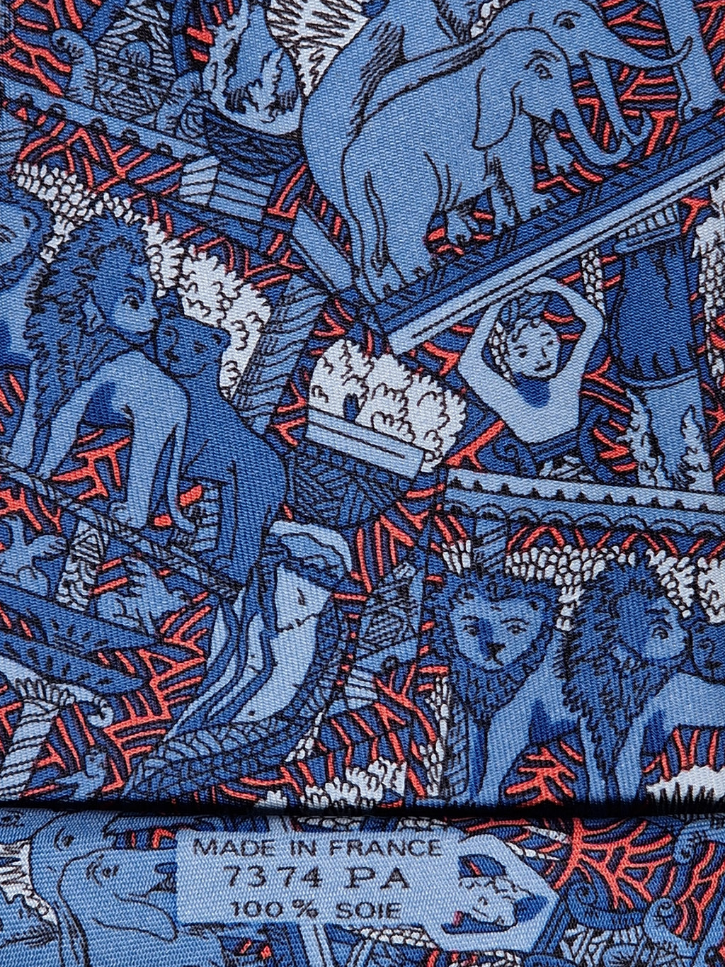 Hermès silk tie blue african tema Lion elephant 7374 PA