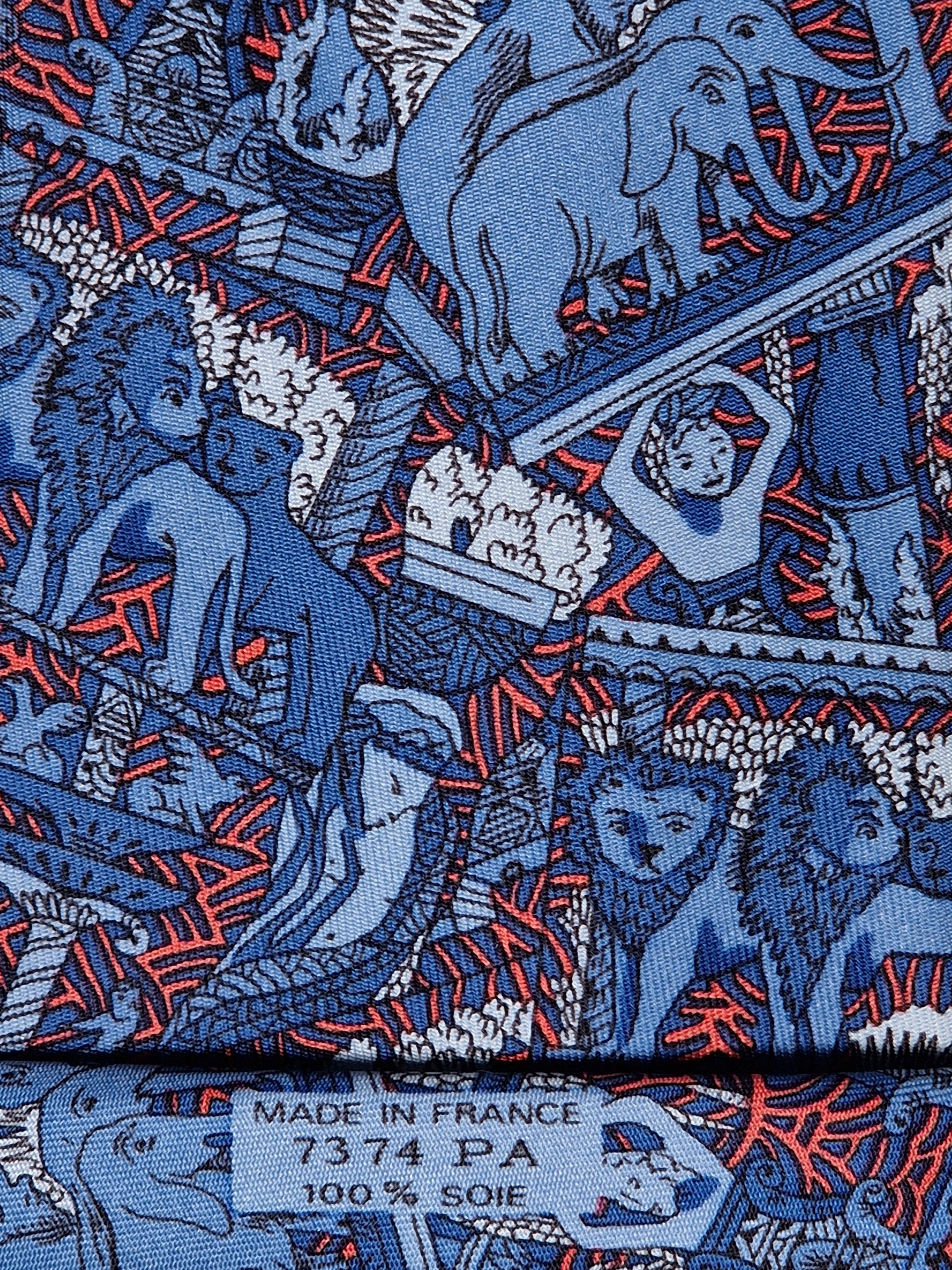 Hermès silk tie blue african tema Lion elephant 7374 PA