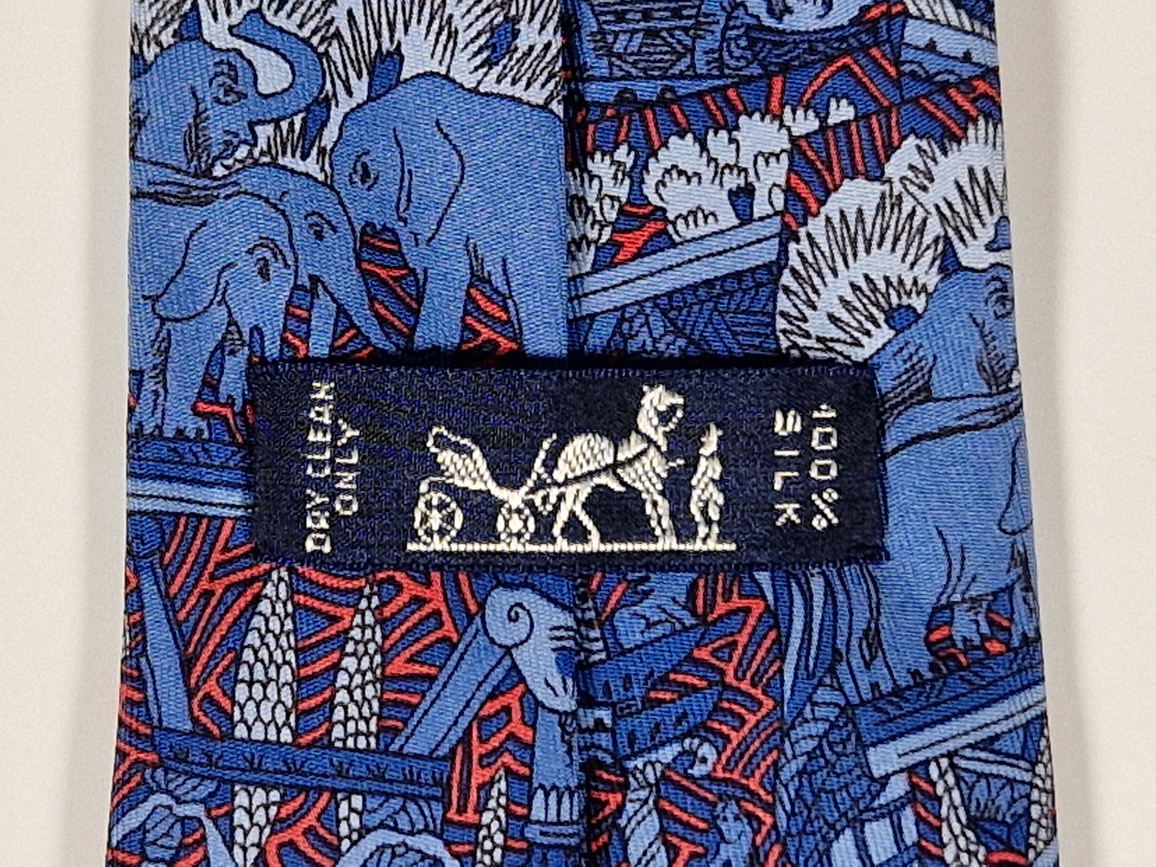 Hermès silk tie blue african tema Lion elephant 7374 PA