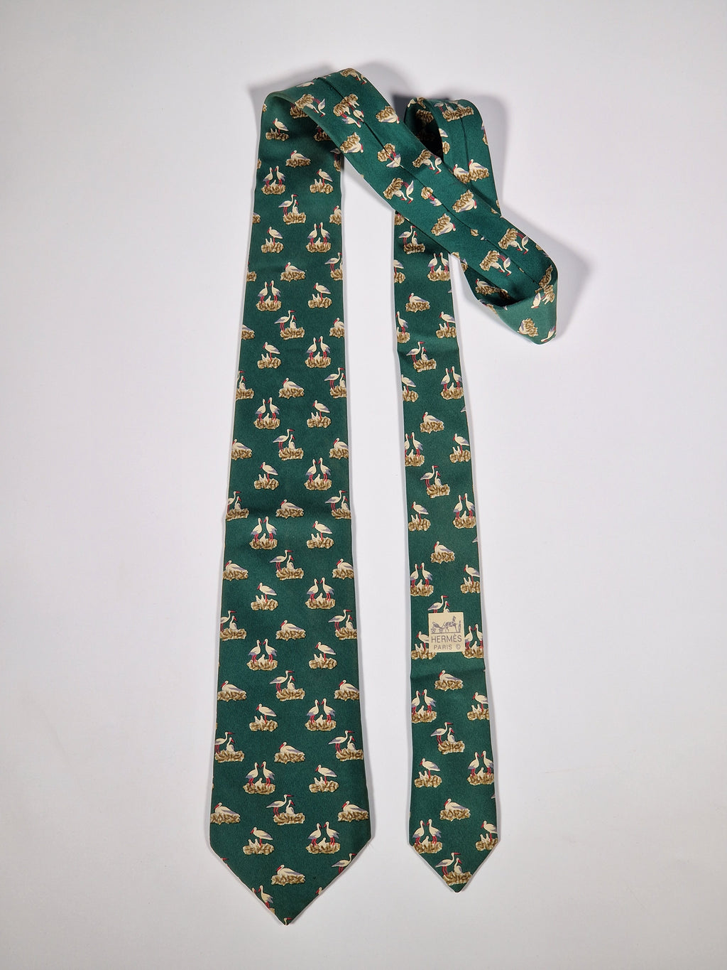 007393 Hermès tie green storks 7393 PA