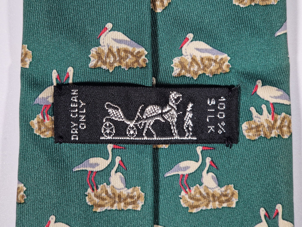 007393 Hermès tie green storks 7393 PA