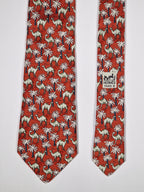 Hermès silk tie red Dromedaries and palm trees whimsical pattern 7418 HA