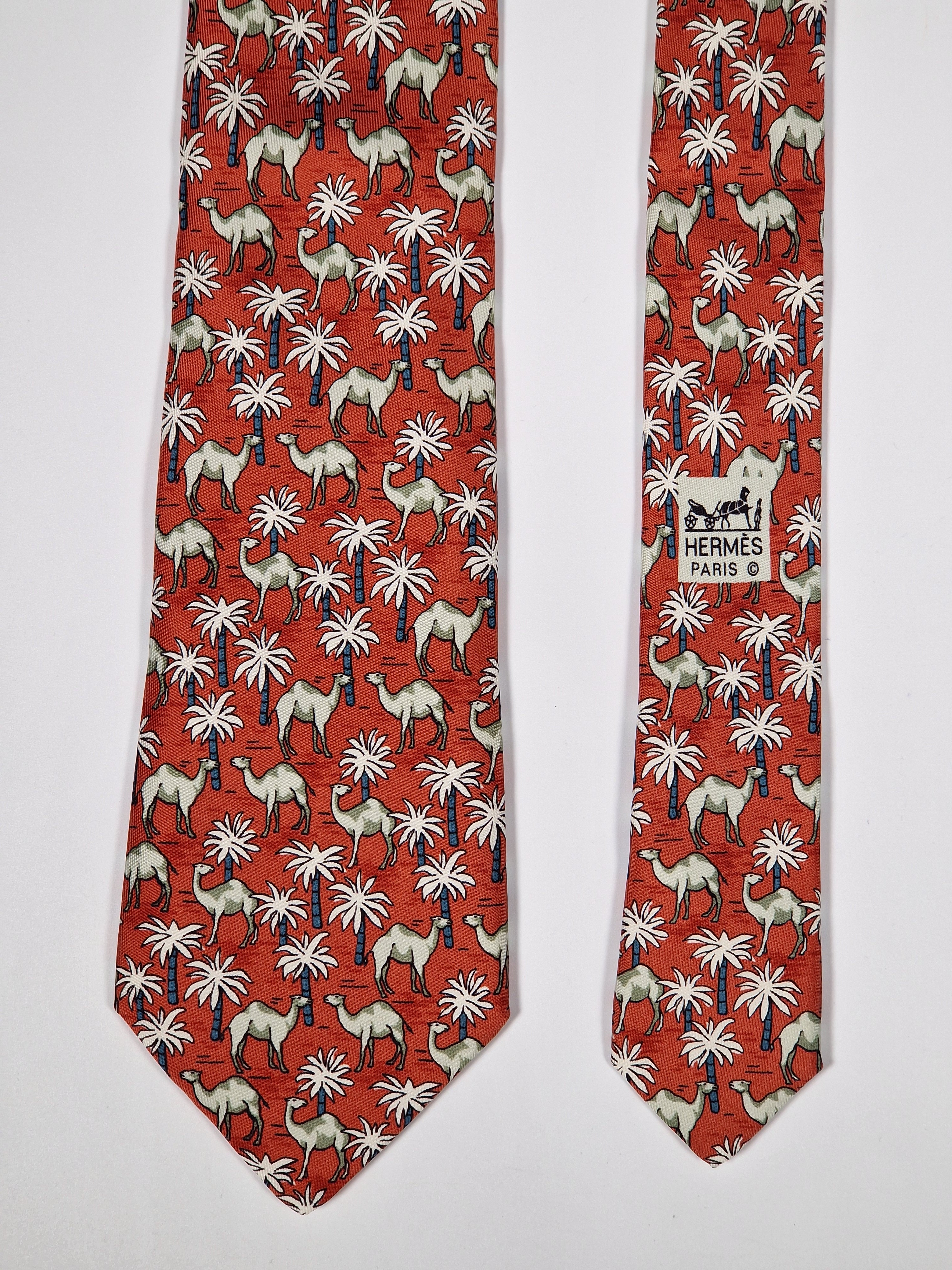 Hermès silk tie red Dromedaries and palm trees whimsical pattern 7418 HA