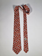Hermès silk tie red Dromedaries and palm trees whimsical pattern 7418 HA