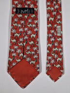 Hermès silk tie red Dromedaries and palm trees whimsical pattern 7418 HA