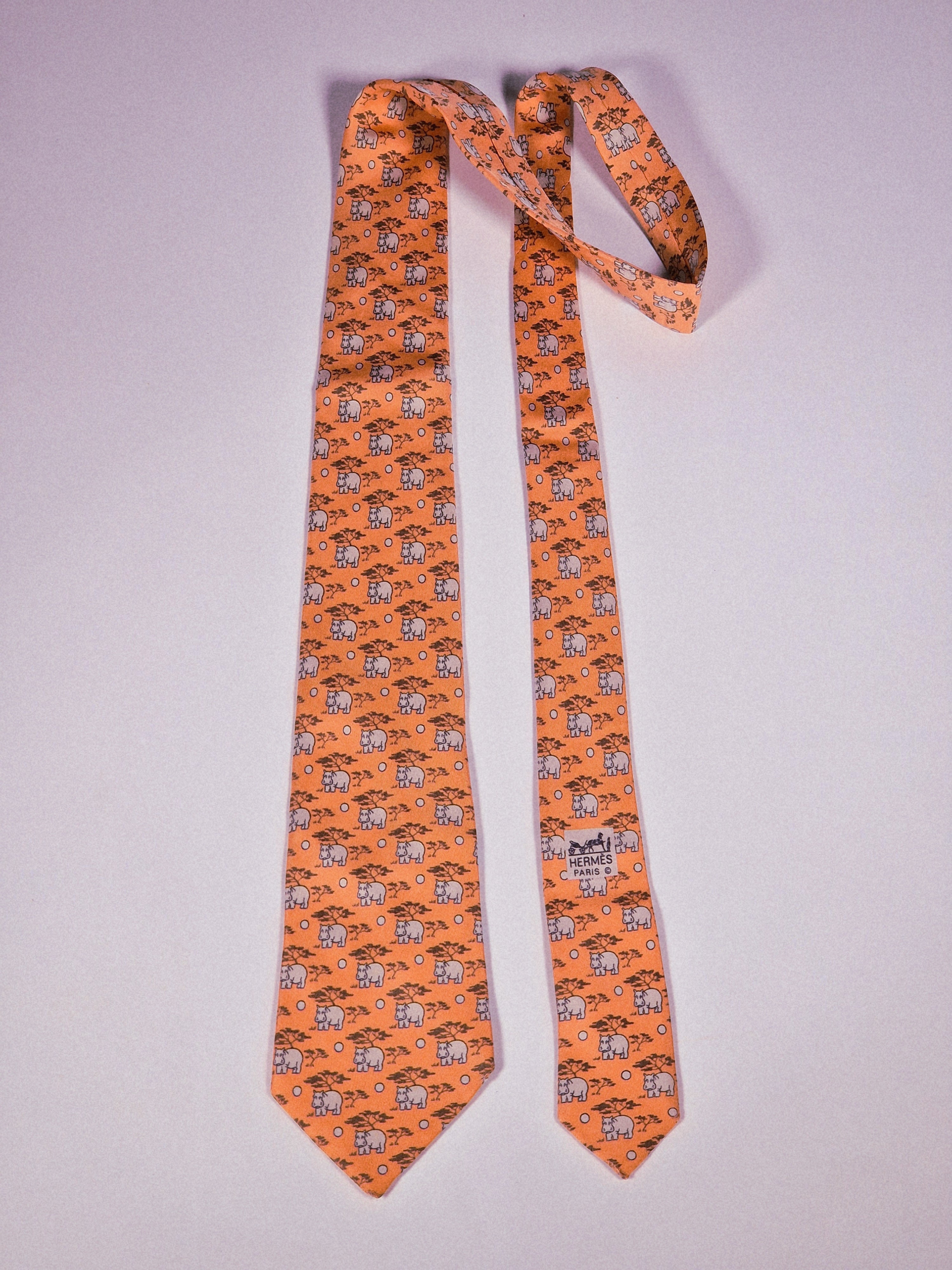 Hermès silk tie apricot hippo whimsical tie 7439 HA