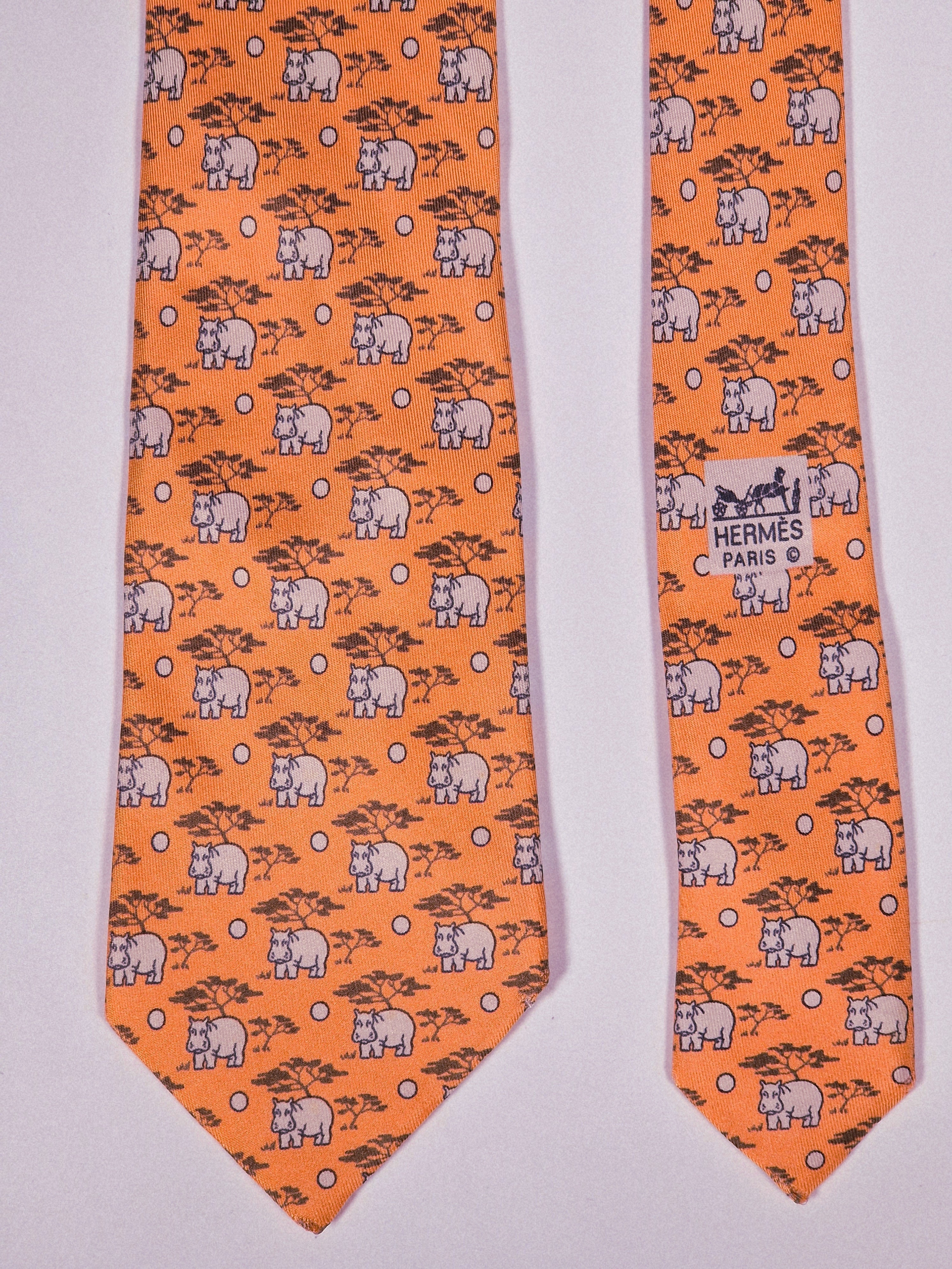 Hermès silk tie apricot hippo whimsical tie 7439 HA