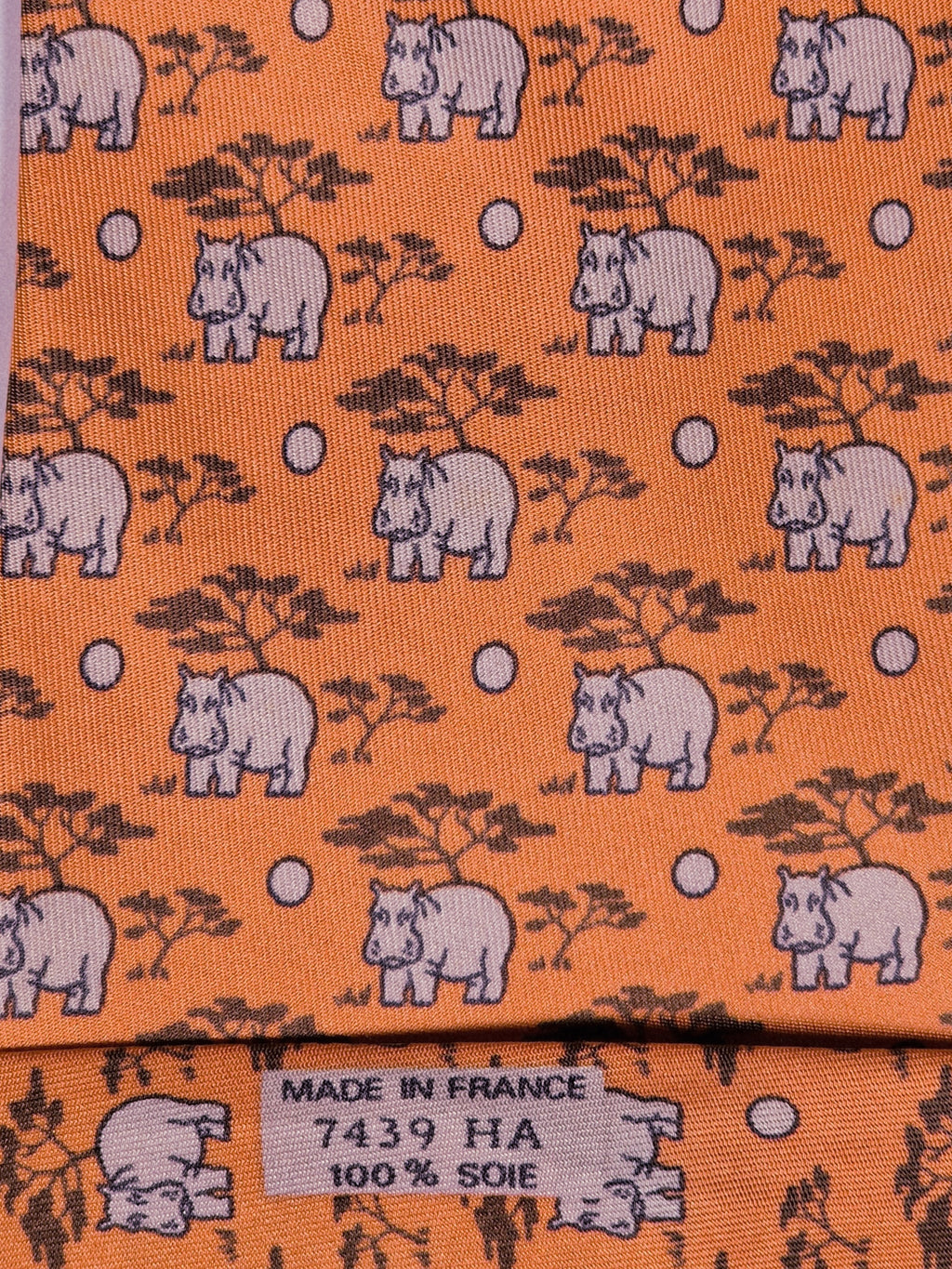 Hermès silk tie apricot hippo whimsical tie 7439 HA