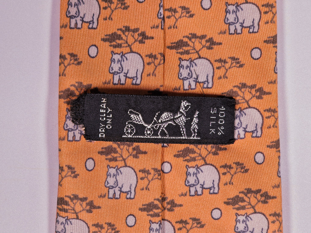 Hermès silk tie apricot hippo whimsical tie 7439 HA