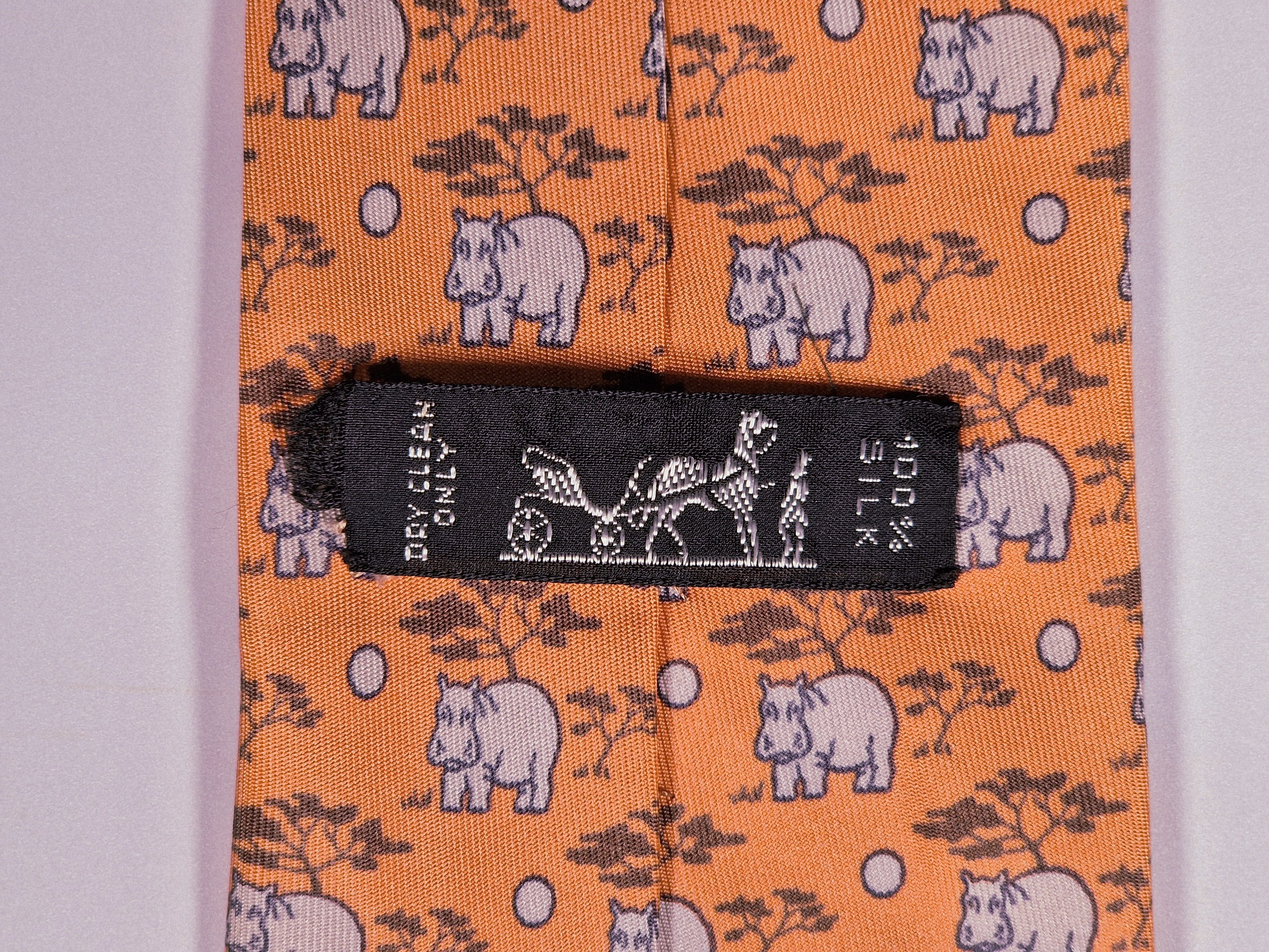 Hermès silk tie apricot hippo whimsical tie 7439 HA